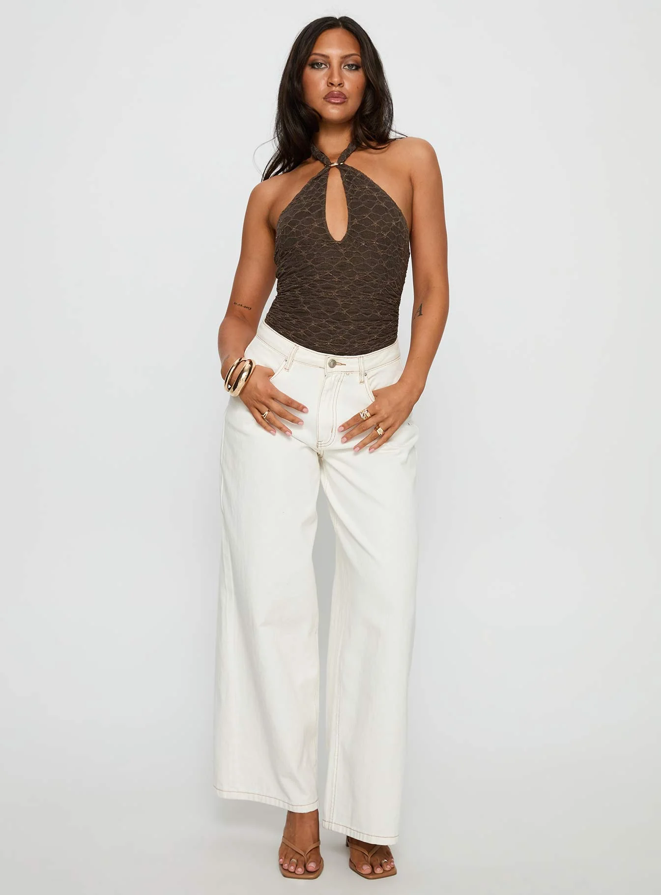 Libbey Hardware Detail Textured Bodysuit Brown - Image 2