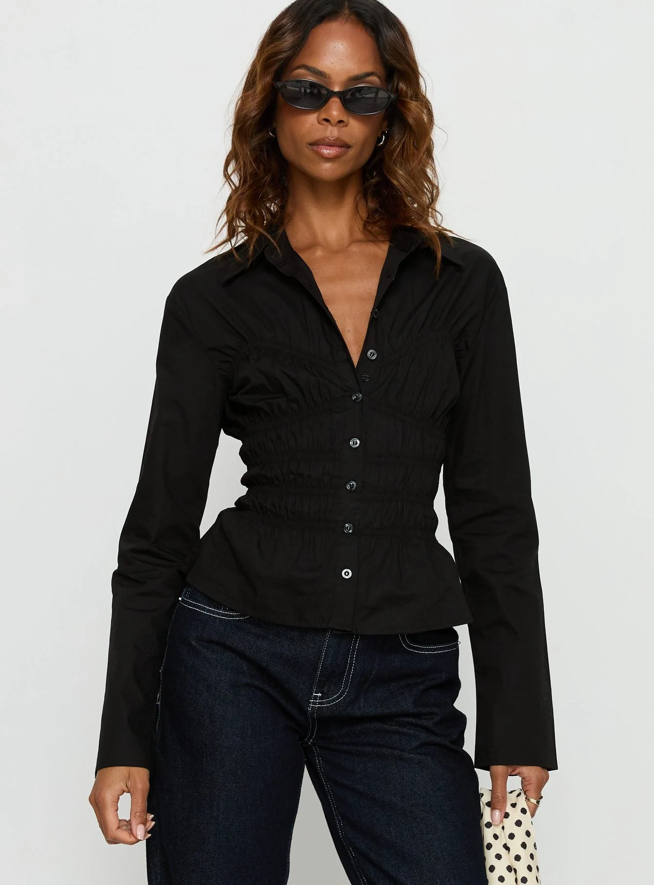 Liesel Shirred Long Sleeve Top Black - Image 2