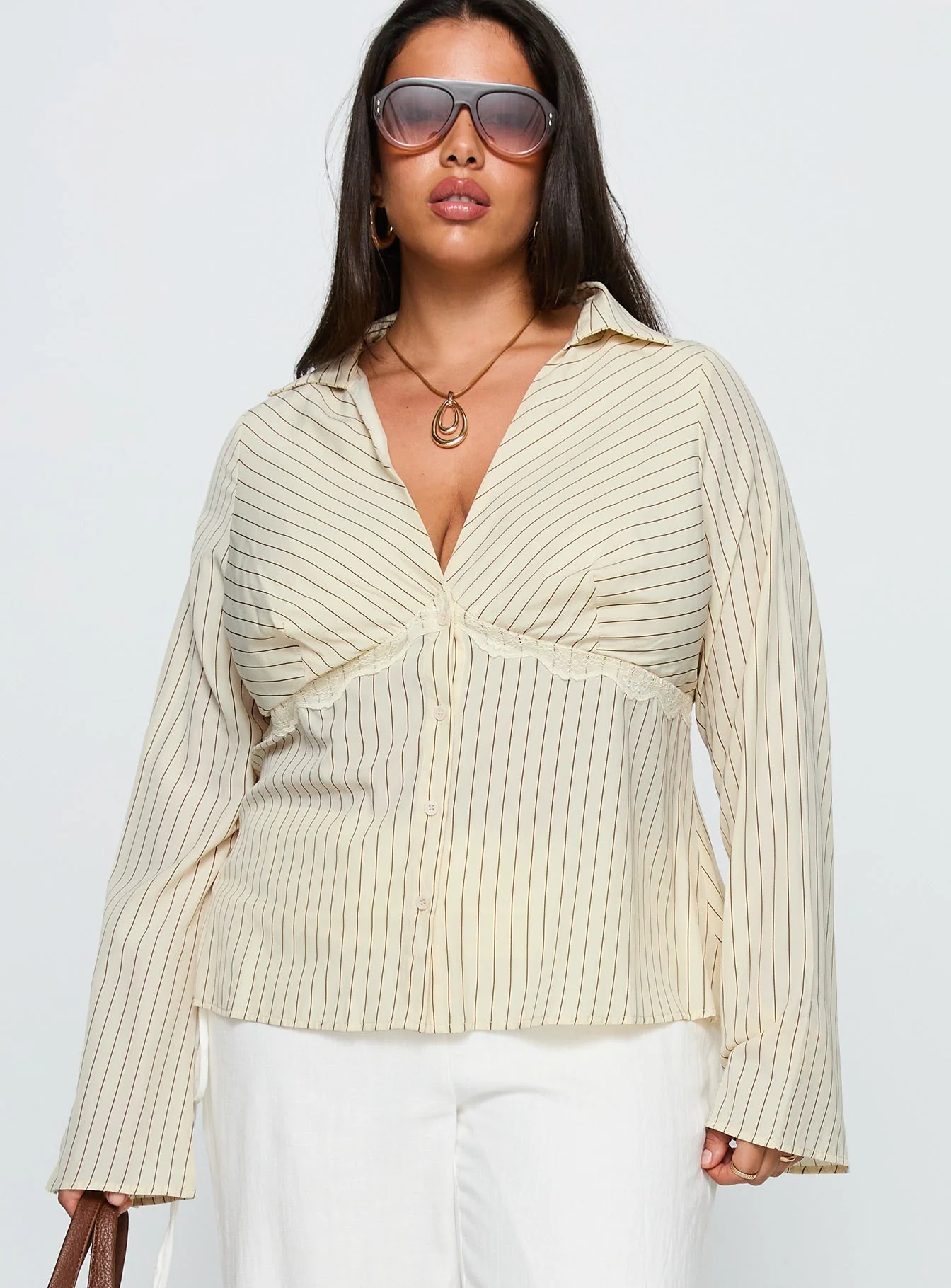 Life Begins Long Sleeve Lace Trim Top Cream Stripe Curve - Image 2