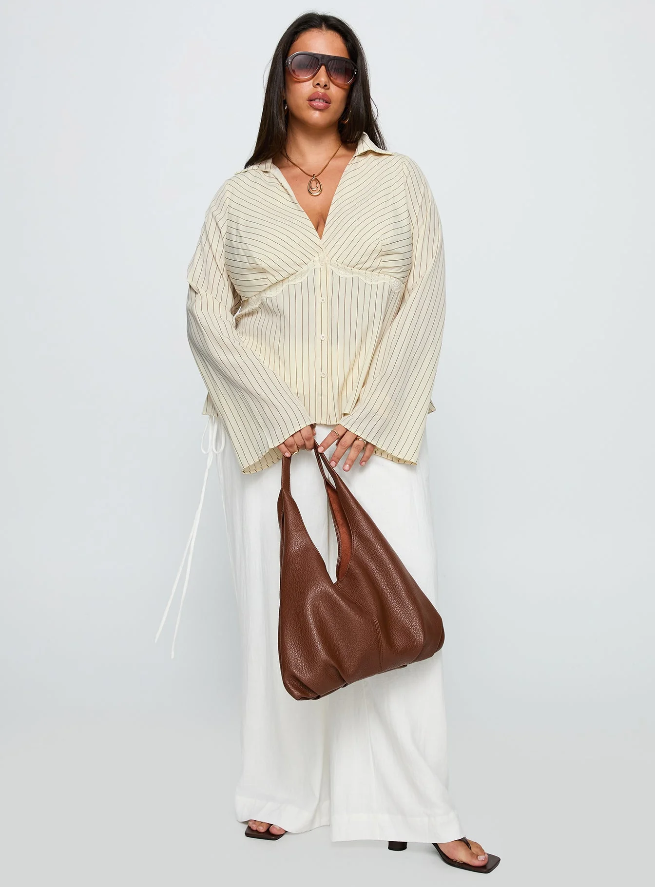 Life Begins Long Sleeve Lace Trim Top Cream Stripe Curve - Image 3