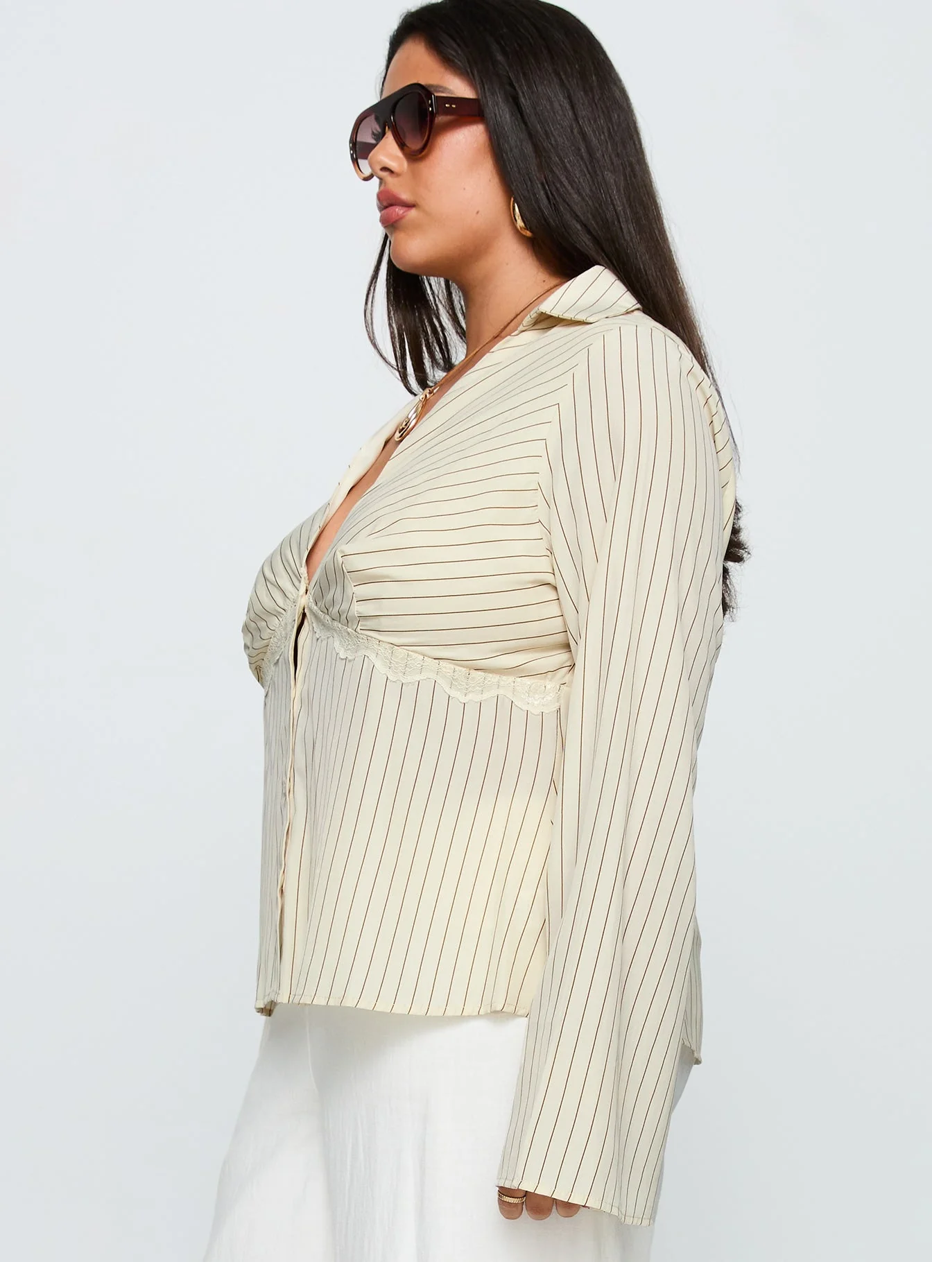 Life Begins Long Sleeve Lace Trim Top Cream Stripe Curve - Image 4