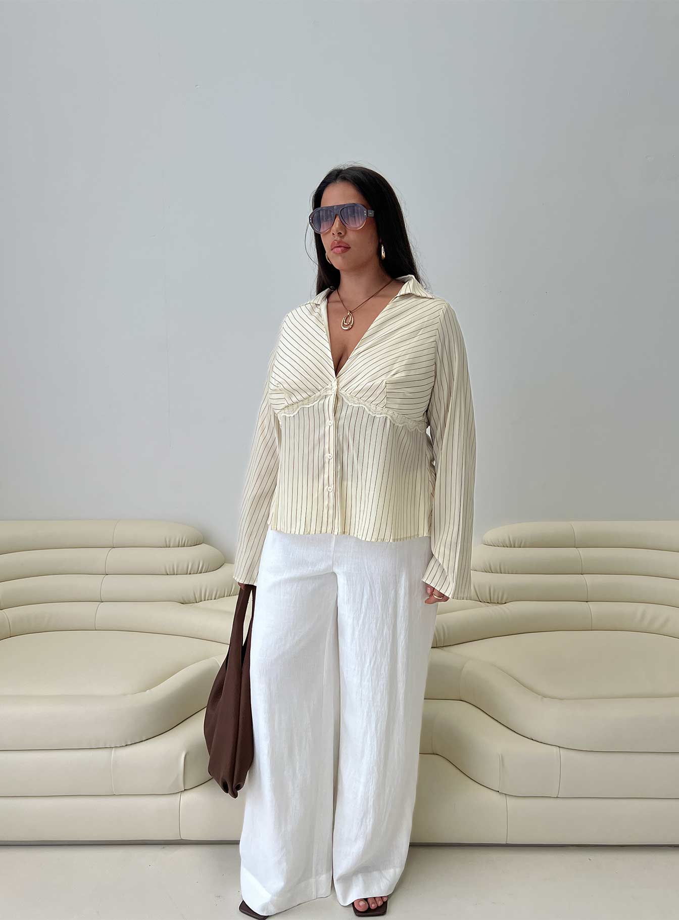 Life Begins Long Sleeve Lace Trim Top Cream Stripe Curve - Image 8