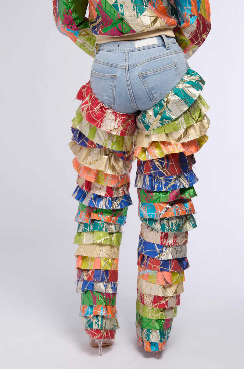 LIFE IS BUT A DREAM BROCADE RUFFLE DENIM JEANS - Image 3