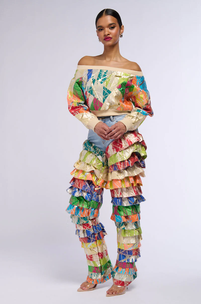 LIFE IS BUT A DREAM BROCADE RUFFLE DENIM JEANS - Image 4