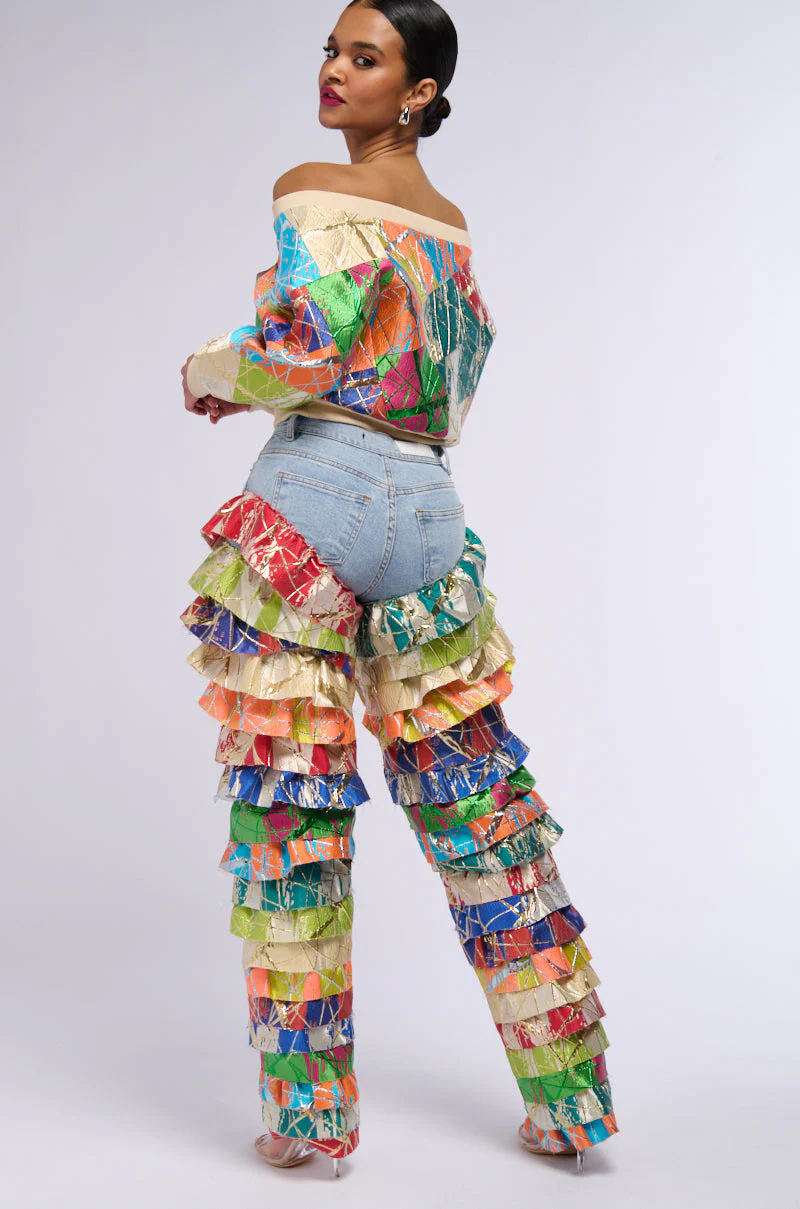 LIFE IS BUT A DREAM BROCADE RUFFLE DENIM JEANS - Image 5