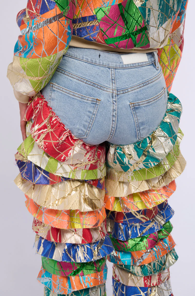 LIFE IS BUT A DREAM BROCADE RUFFLE DENIM JEANS - Image 6