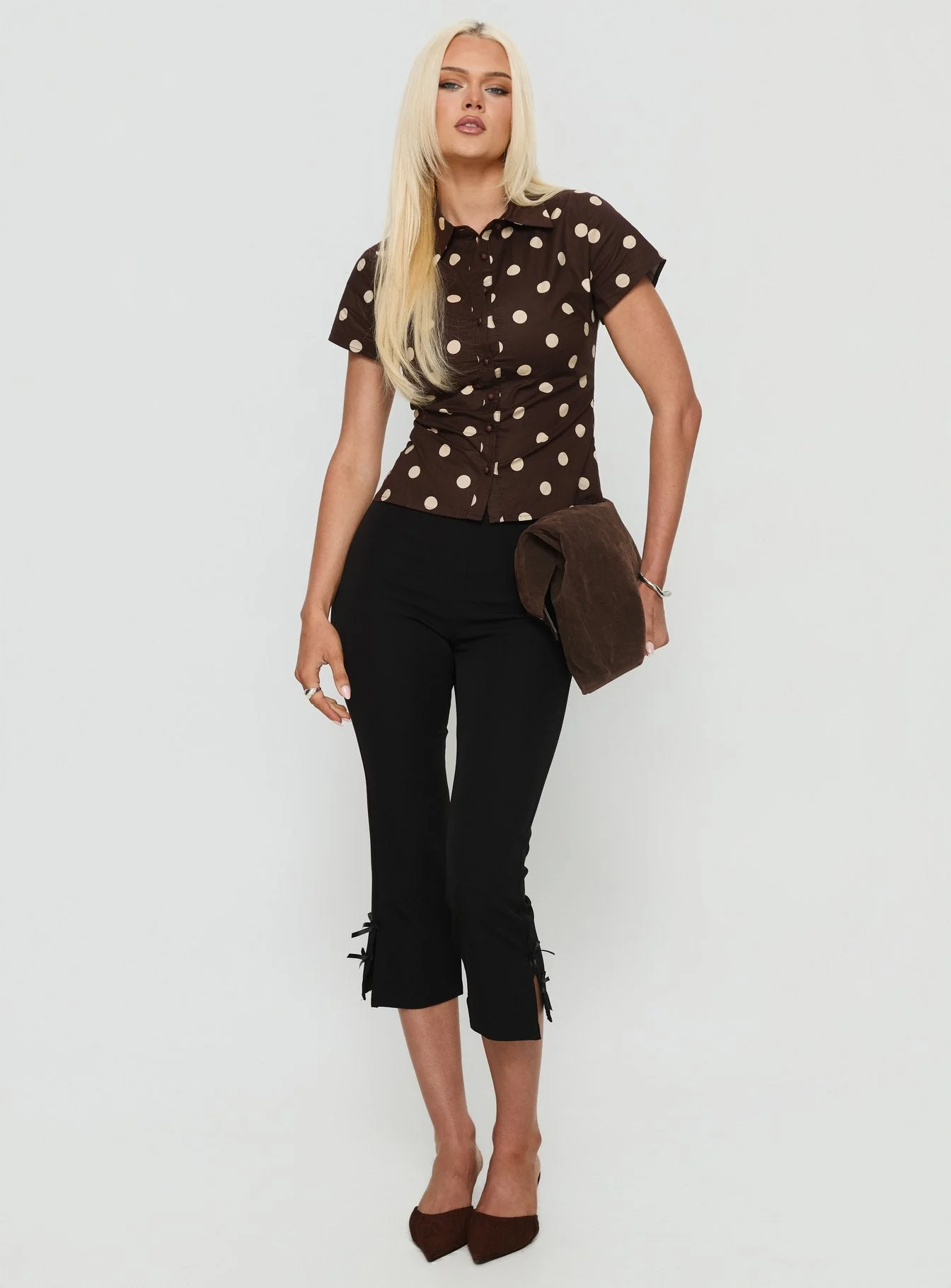 Lift Off Button Up Top Choc / Lemon Polka - Image 3