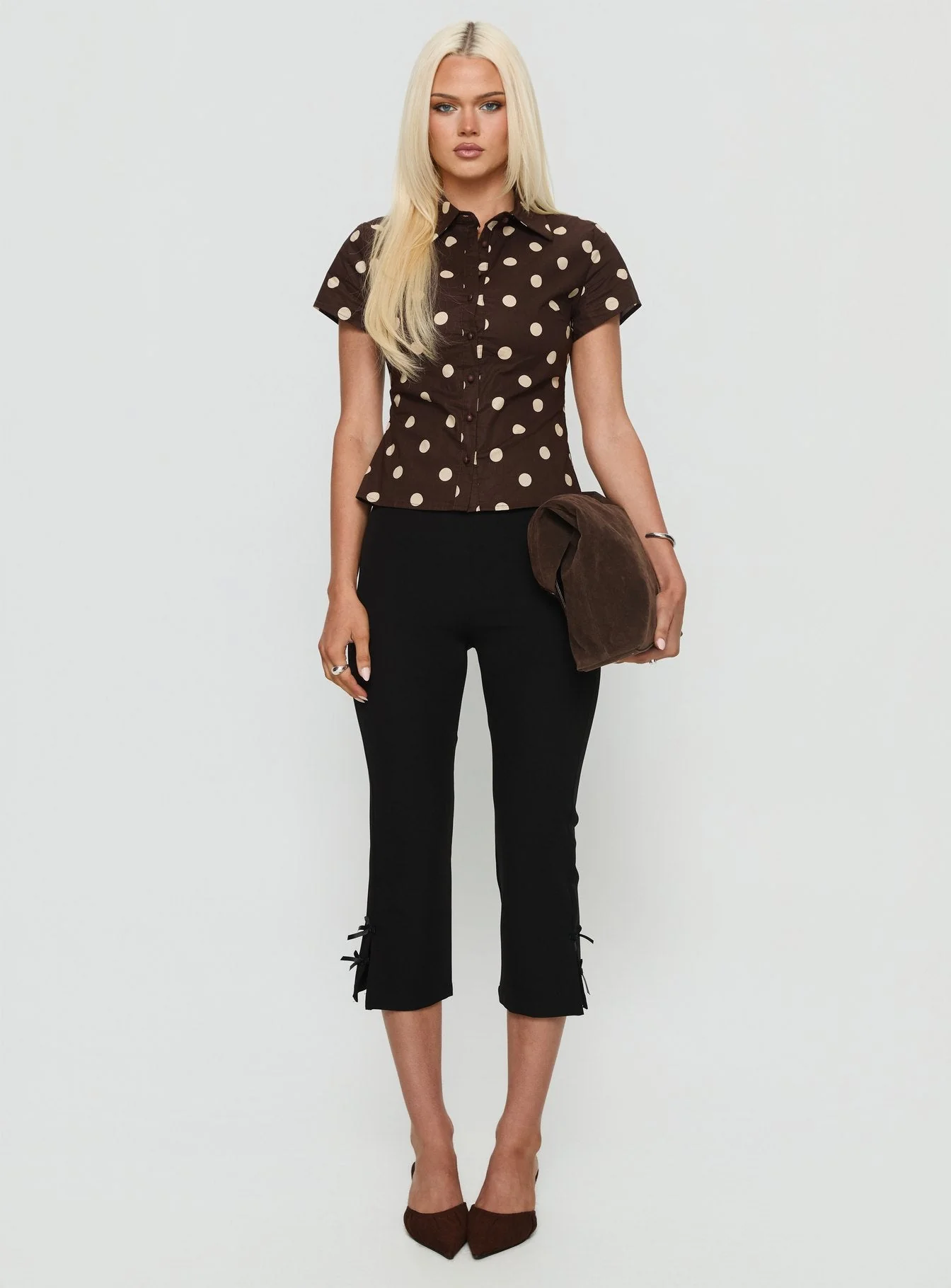 Lift Off Button Up Top Choc / Lemon Polka - Image 7