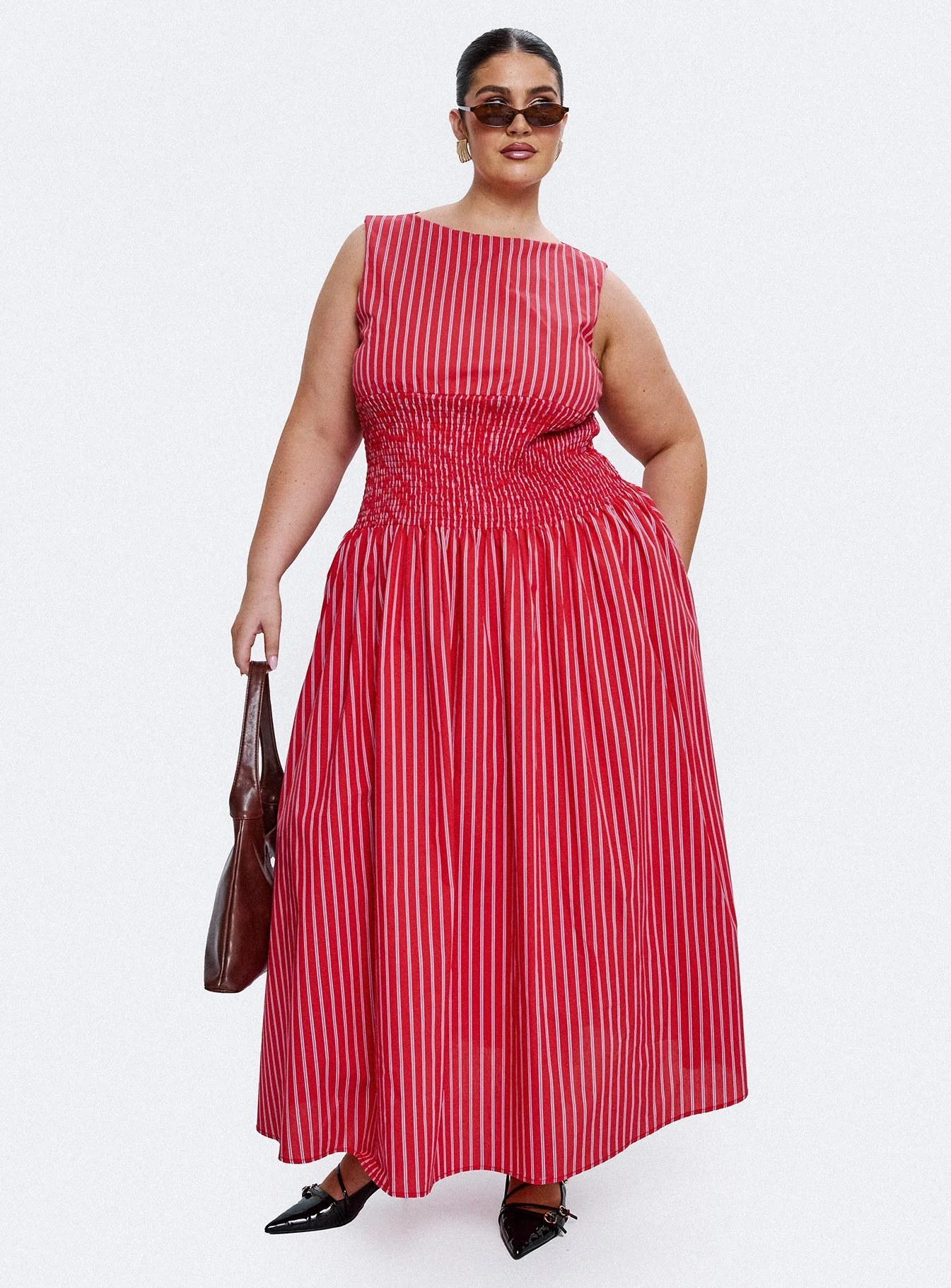Lilienne Cotton Poplin Maxi Dress Red Stripe Curve - Image 8