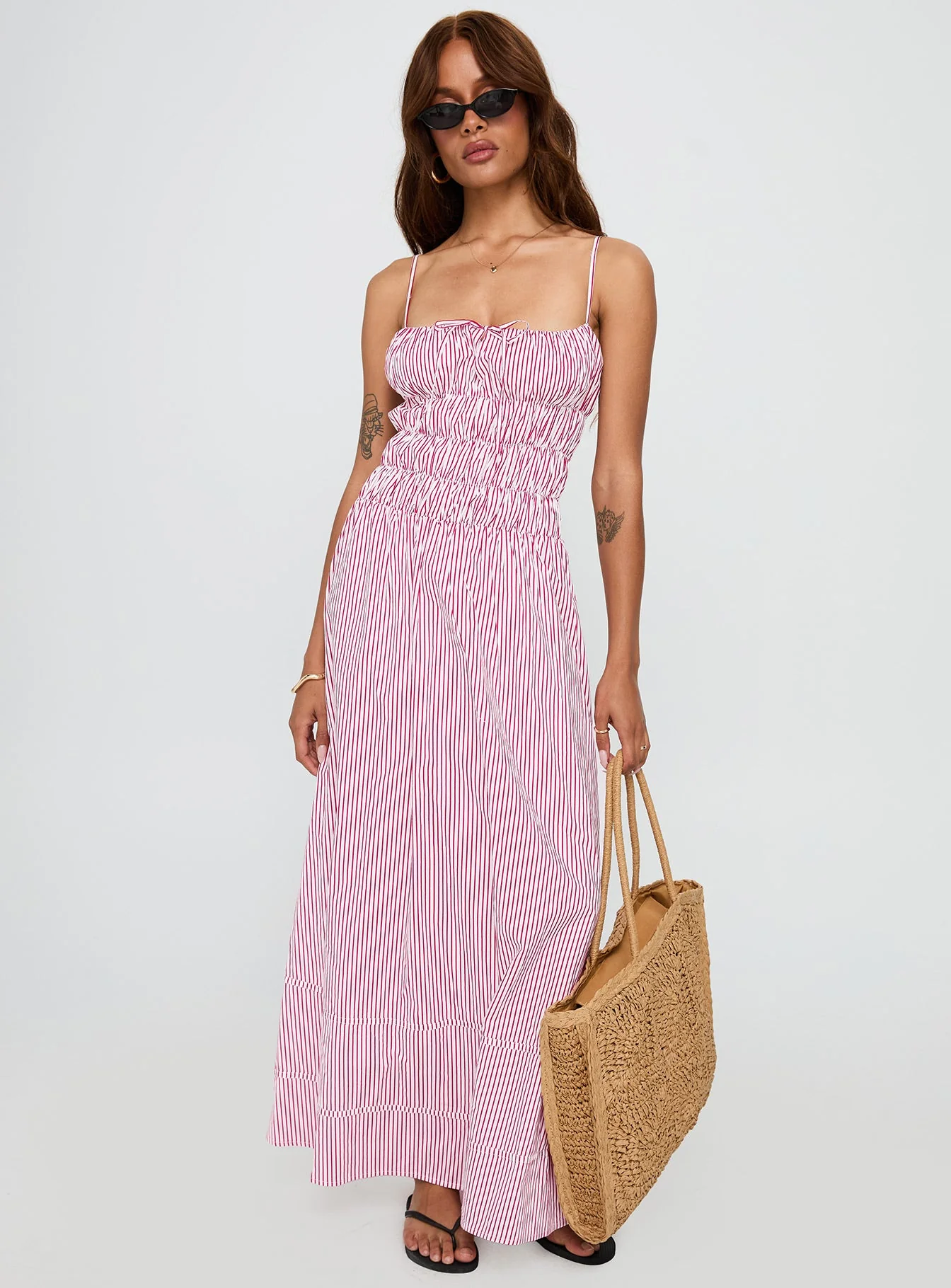 Loralei Shirred Maxi Dress Red Stripe - Image 3