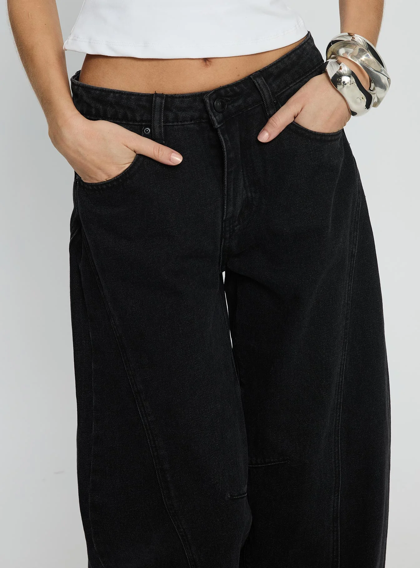 Lost Track Mid Rise Barrel Leg Jeans Washed Black - Image 6