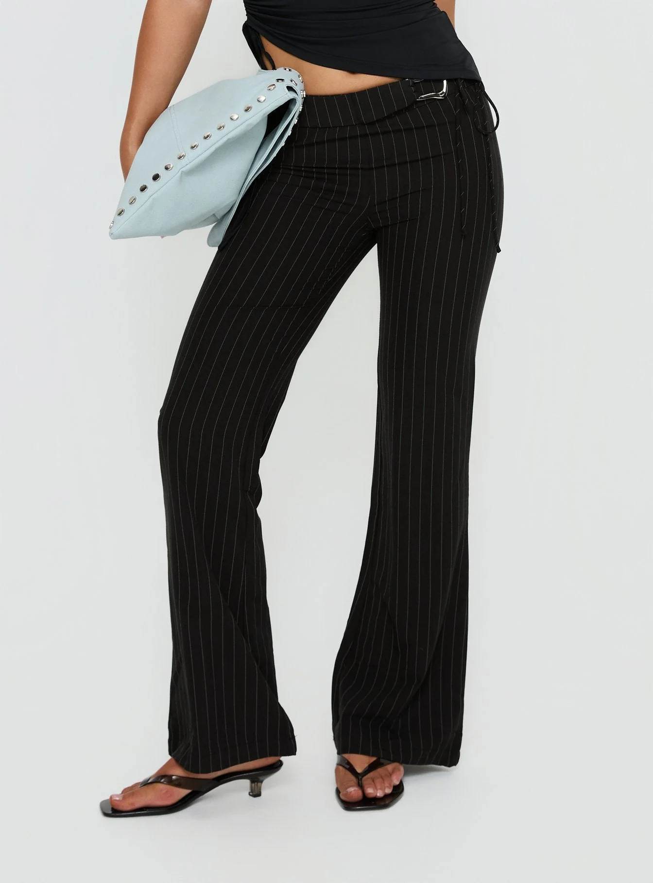 Louder Please Tie Side Straight Leg Pants Black Pinstripe - Image 2