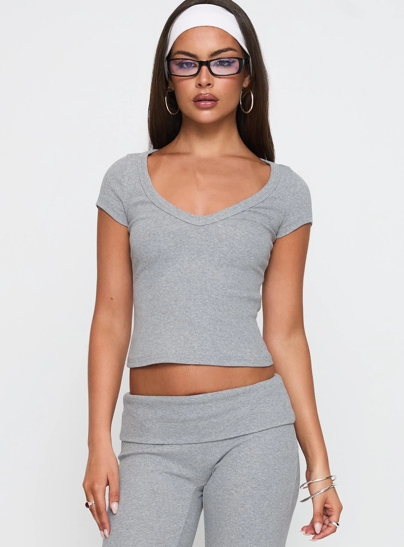 Lovely Day V Neck Top Grey Marle - Image 2