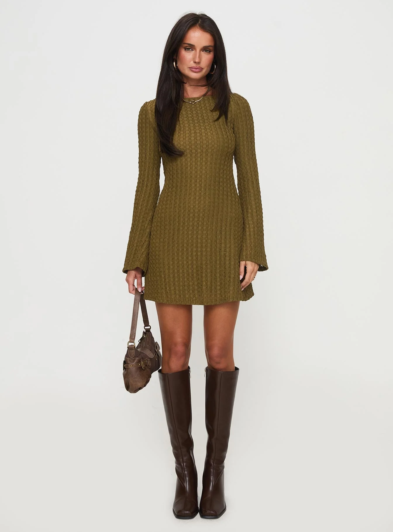 Lukea Long Sleeve Ribbed Mini Dress Olive - Image 7