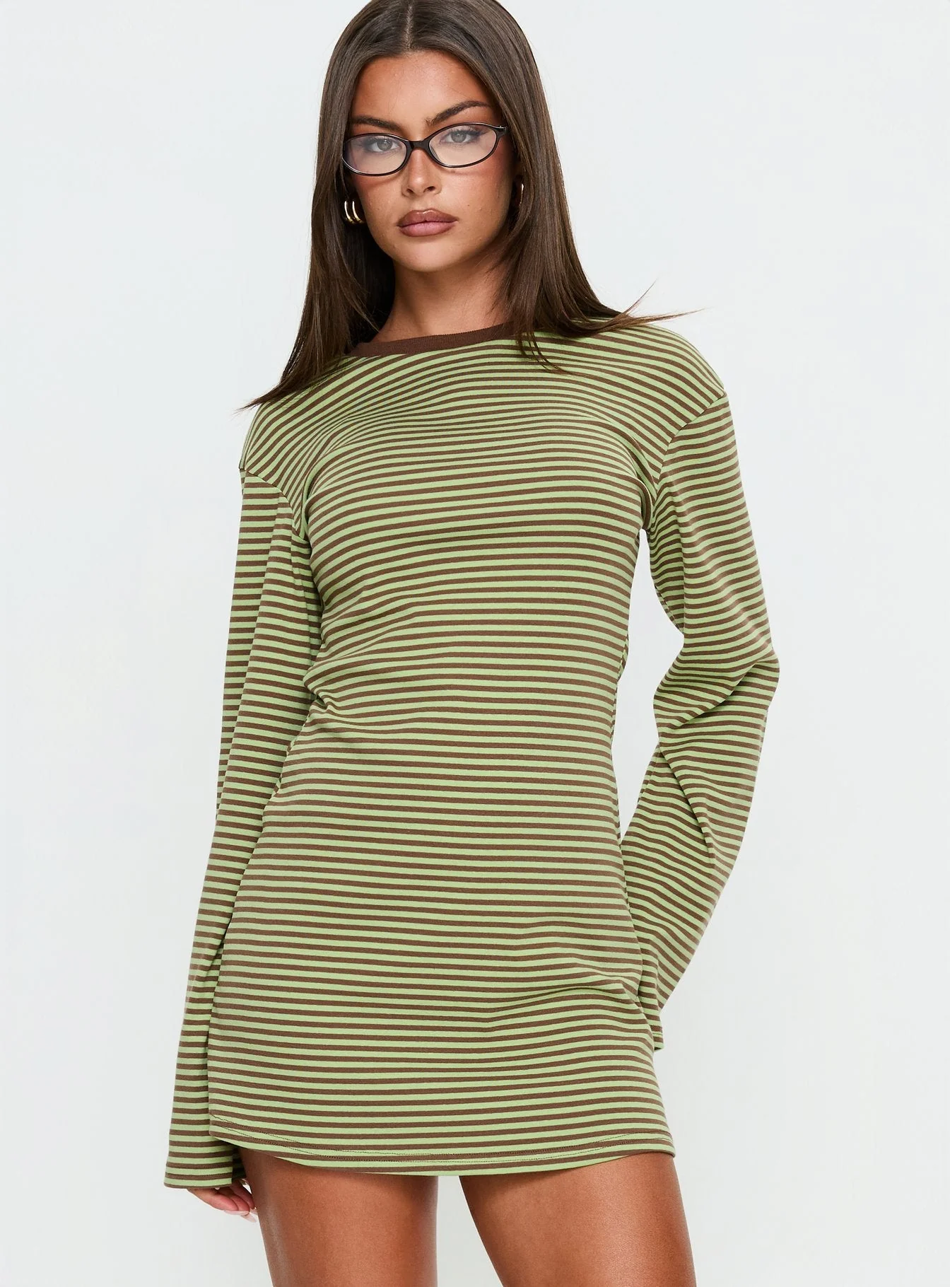 Lulolah Long Sleeve Mini Dress Green / Chocolate Stripe - Image 2