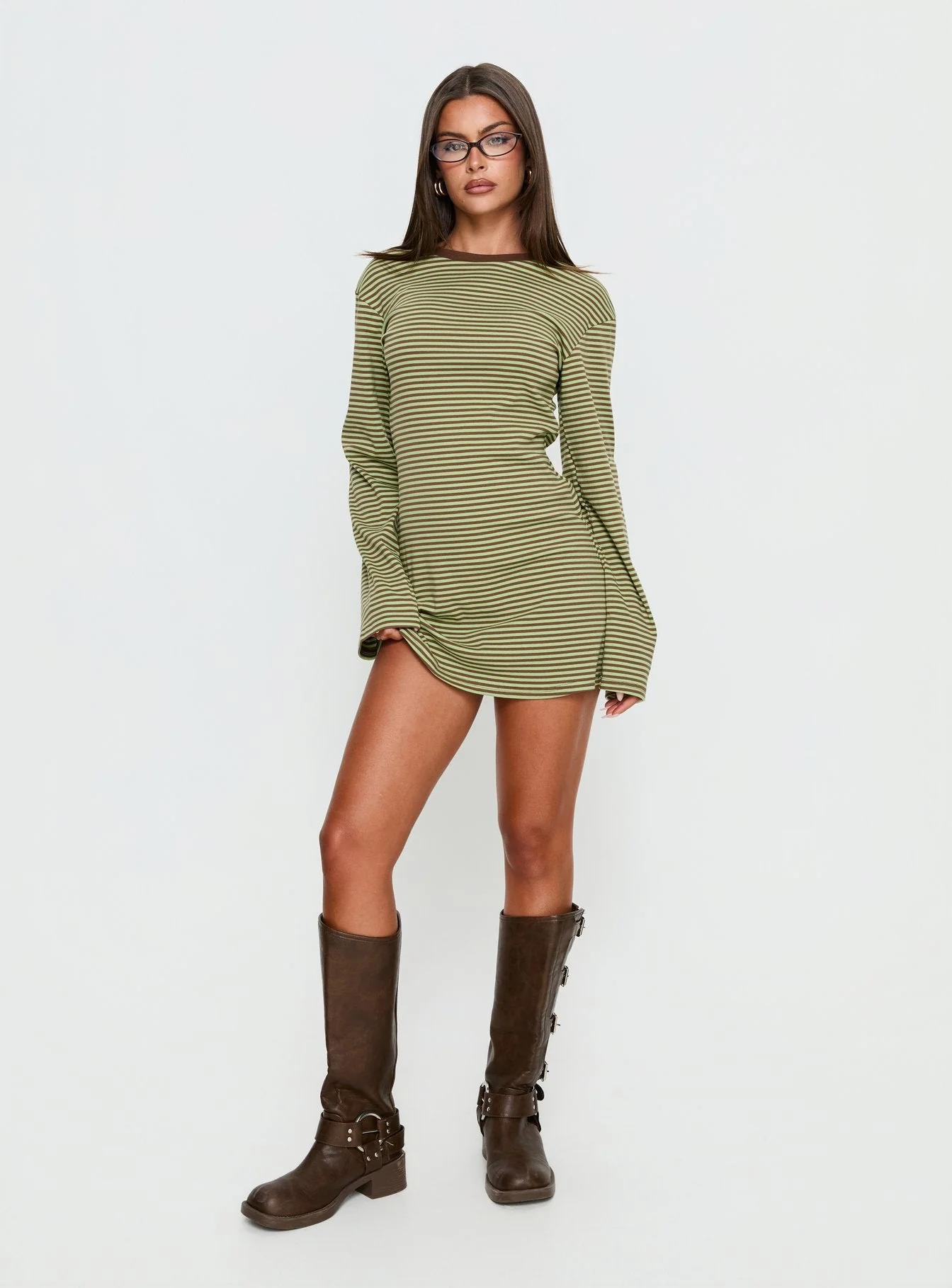 Lulolah Long Sleeve Mini Dress Green / Chocolate Stripe - Image 3