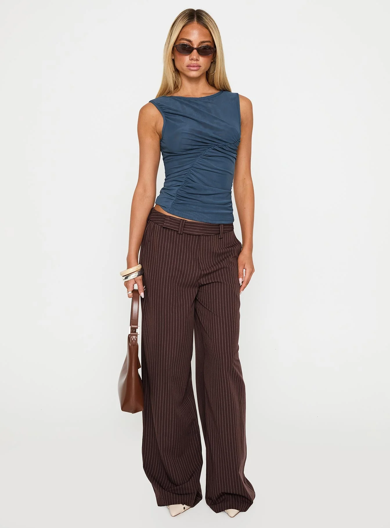Lustre Wide Leg Pant Brown Pinstripe - Image 4