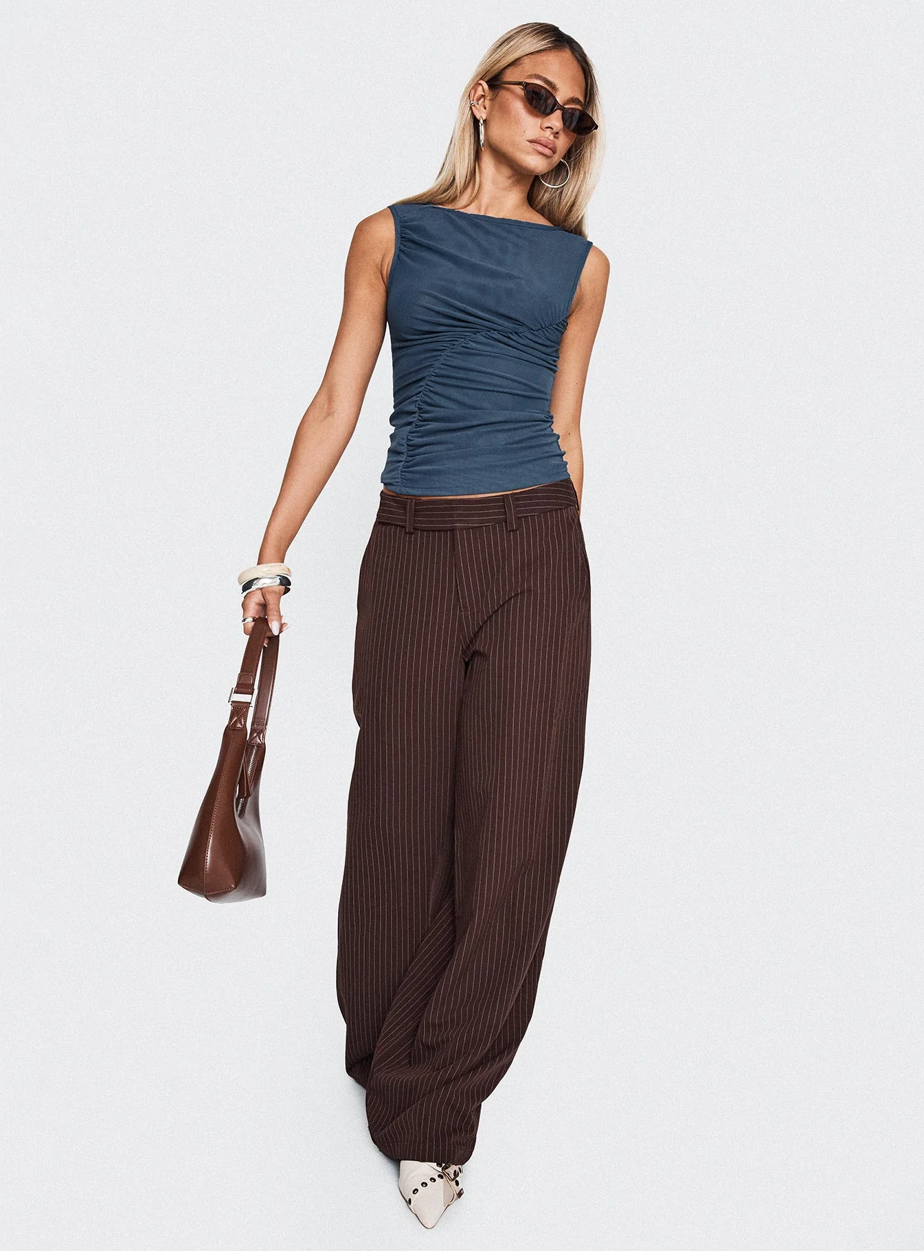 Lustre Wide Leg Pant Brown Pinstripe - Image 9