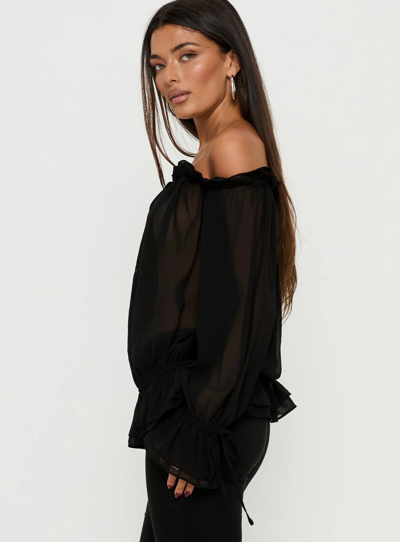 Madelina Frill Long Sleeve Top Black - Image 4