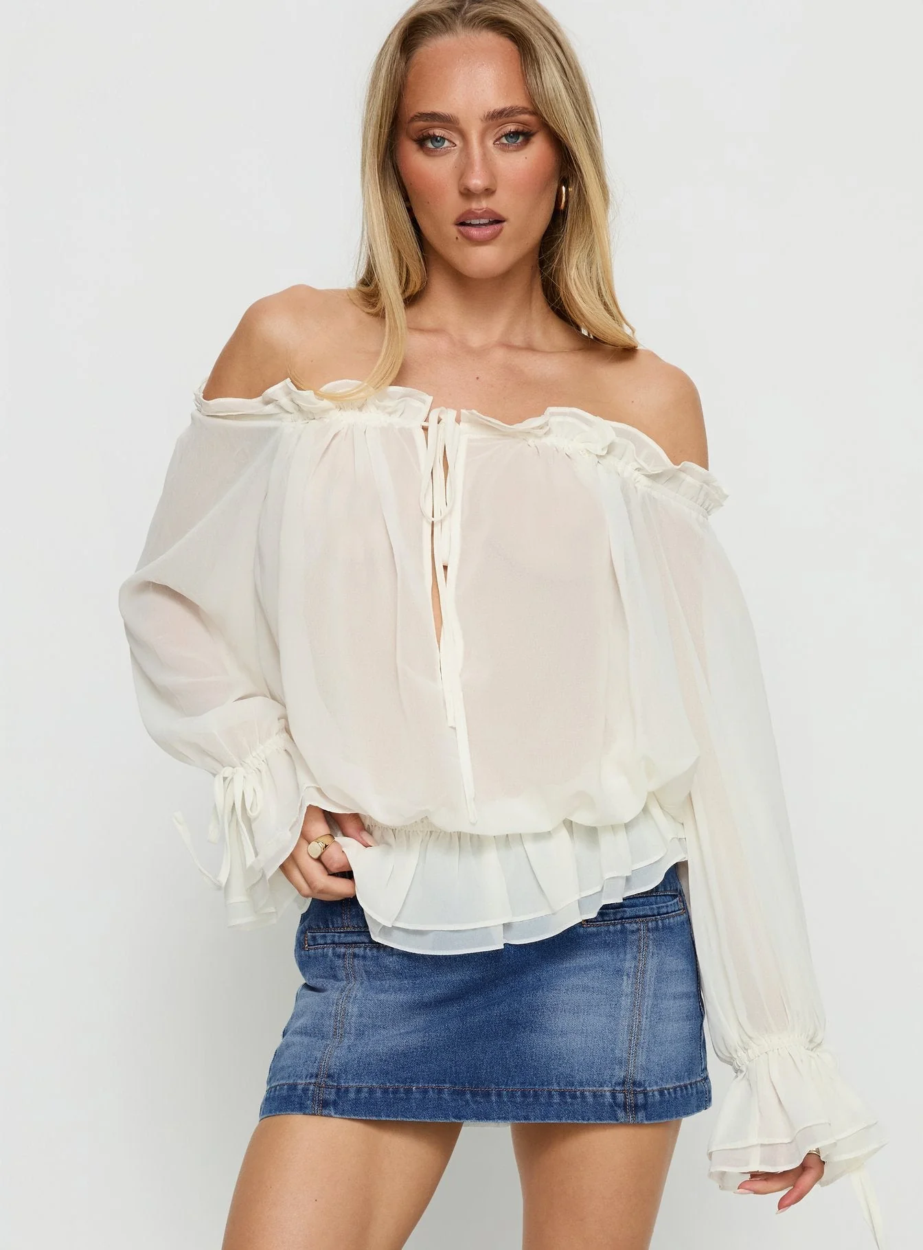 Madelina Frill Long Sleeve Top Cream - Image 2