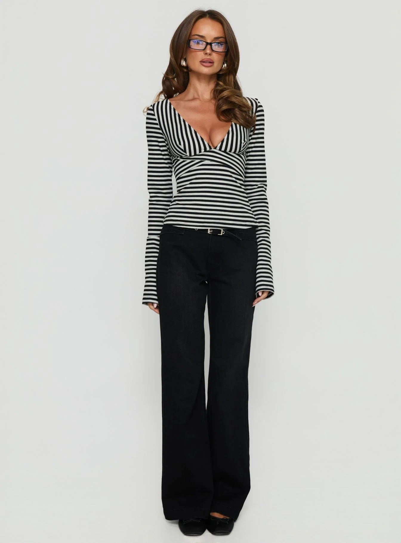 Madelon Long Sleeve Wrap Top Black / Grey Stripe - Image 7