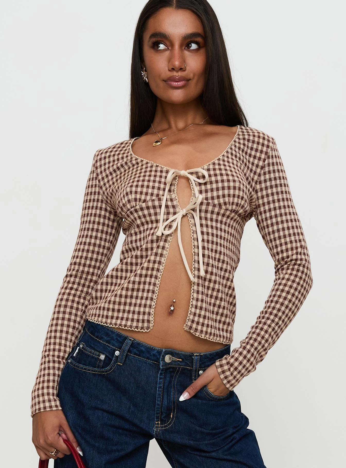 Maemi Long Sleeve Tie Up Top Brown Check - Image 2