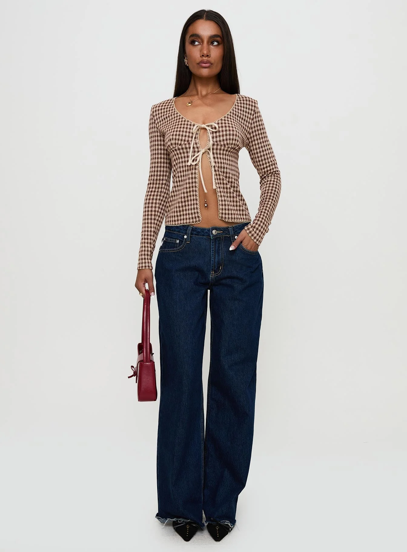 Maemi Long Sleeve Tie Up Top Brown Check - Image 3