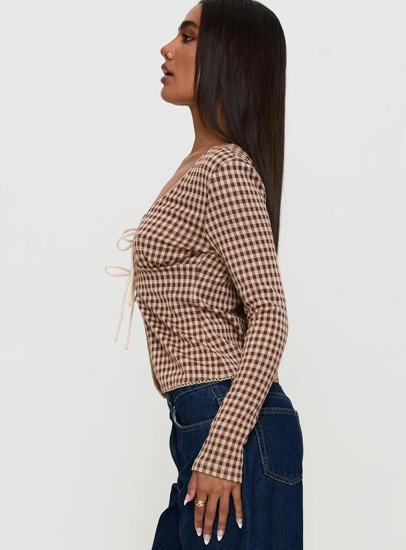 Maemi Long Sleeve Tie Up Top Brown Check - Image 4