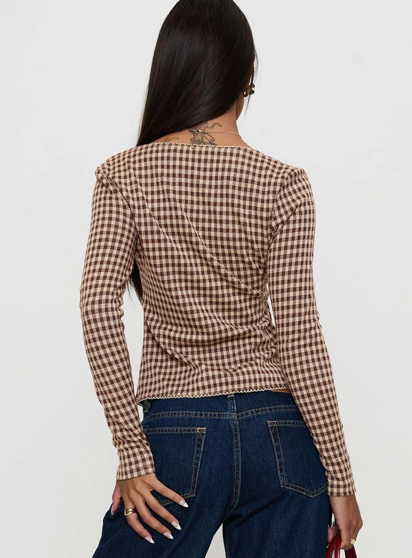Maemi Long Sleeve Tie Up Top Brown Check - Image 5