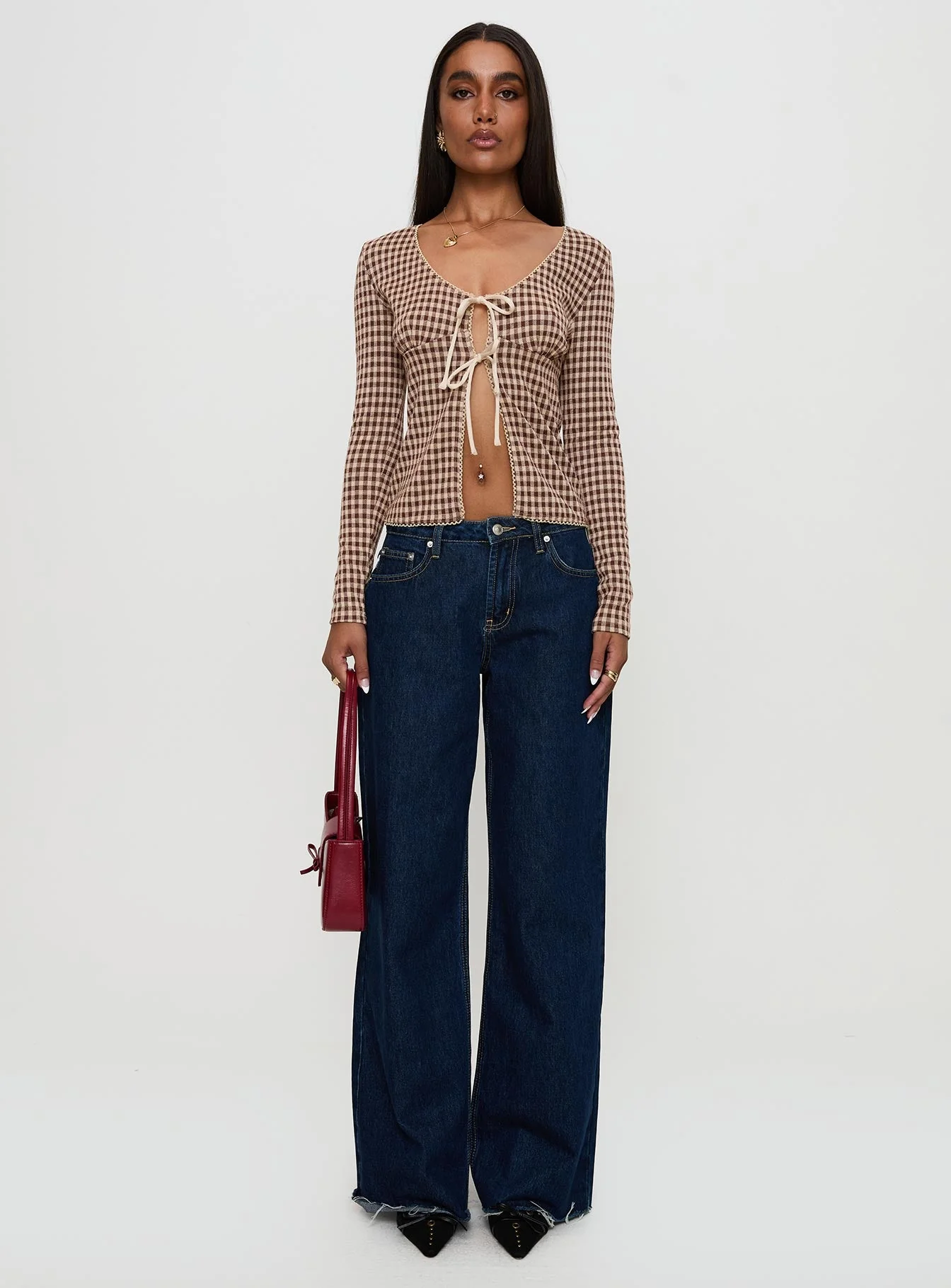 Maemi Long Sleeve Tie Up Top Brown Check - Image 7