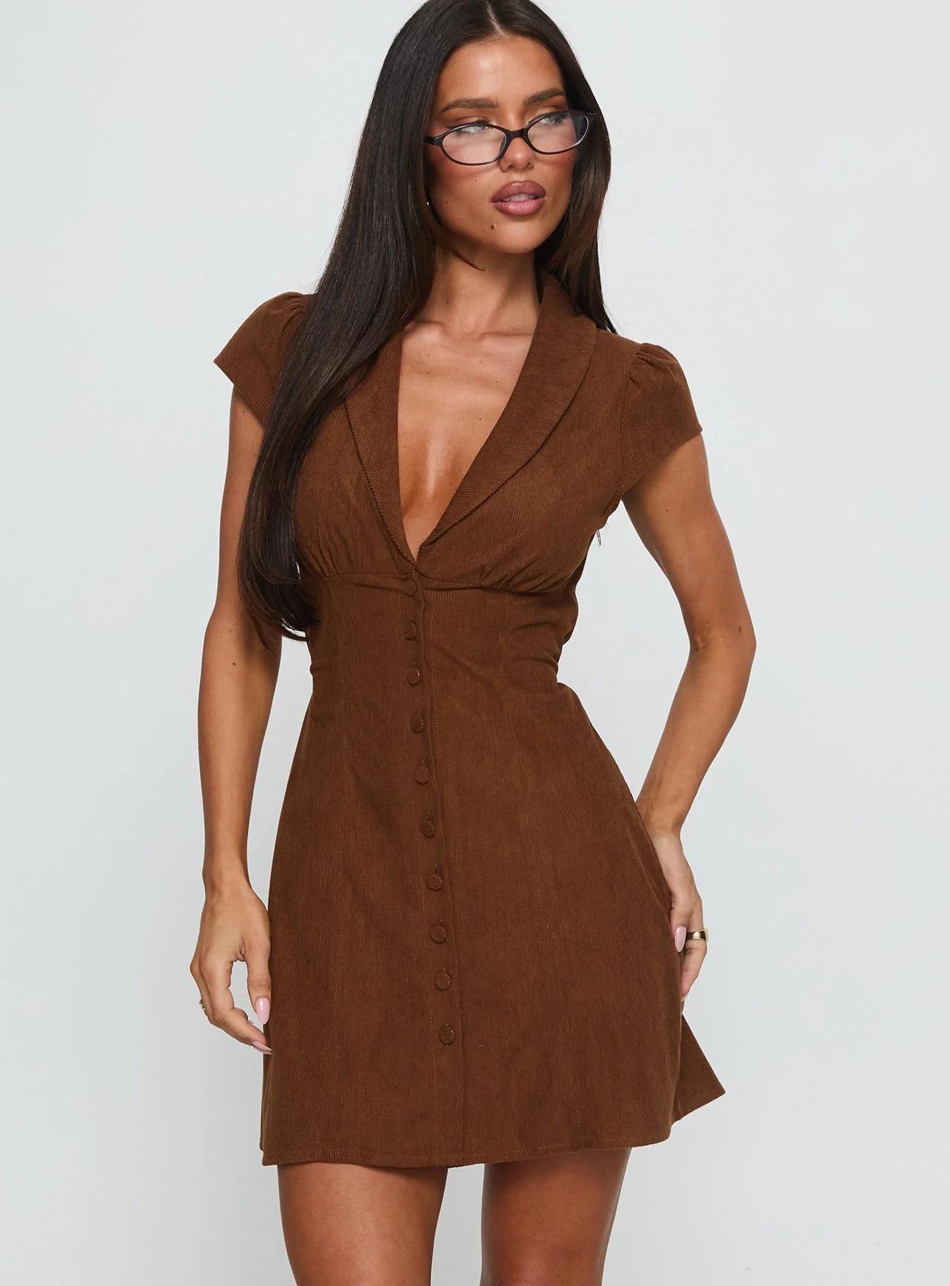 Magdalene Corduroy Button Down Mini Dress Chocolate - Image 2