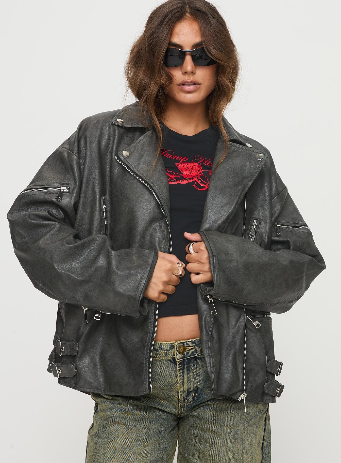 Magnets Faux Leather Jacket Washed Charcoal - Image 2
