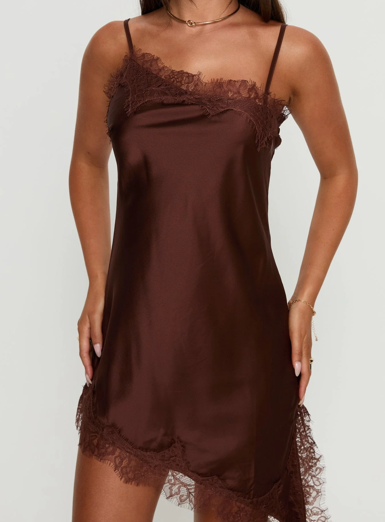 Malakhai Lace Asymmetrical Mini Dress Chocolate - Image 6