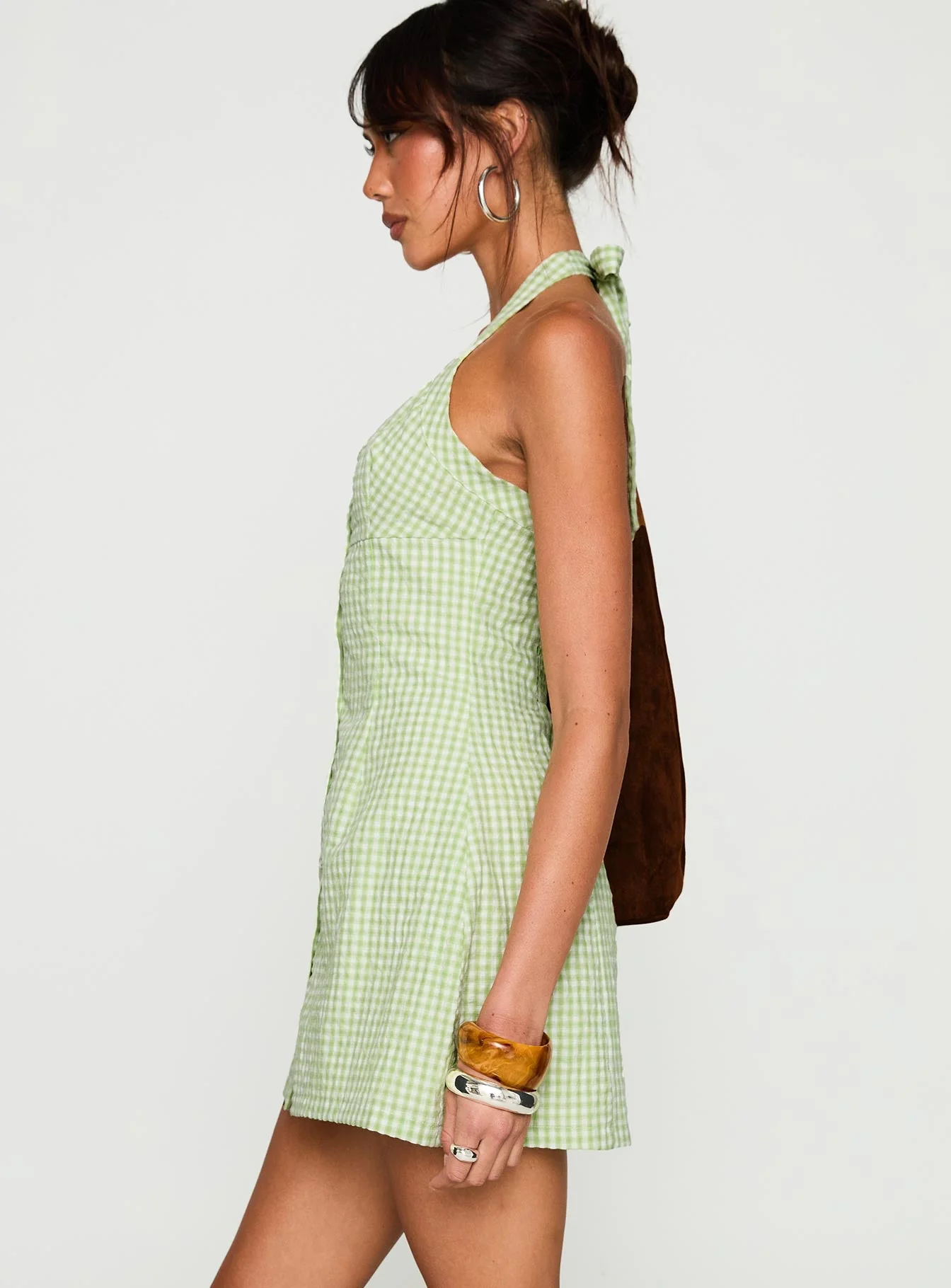 Mallorie Halter Mini Dress Green Check - Image 3