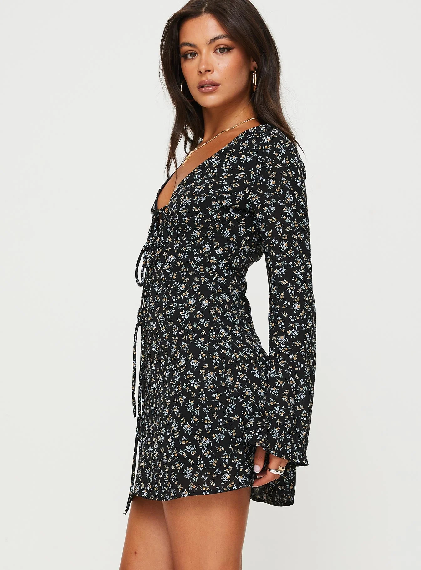 Malop Long Sleeve Mini Dress Black Floral - Image 4