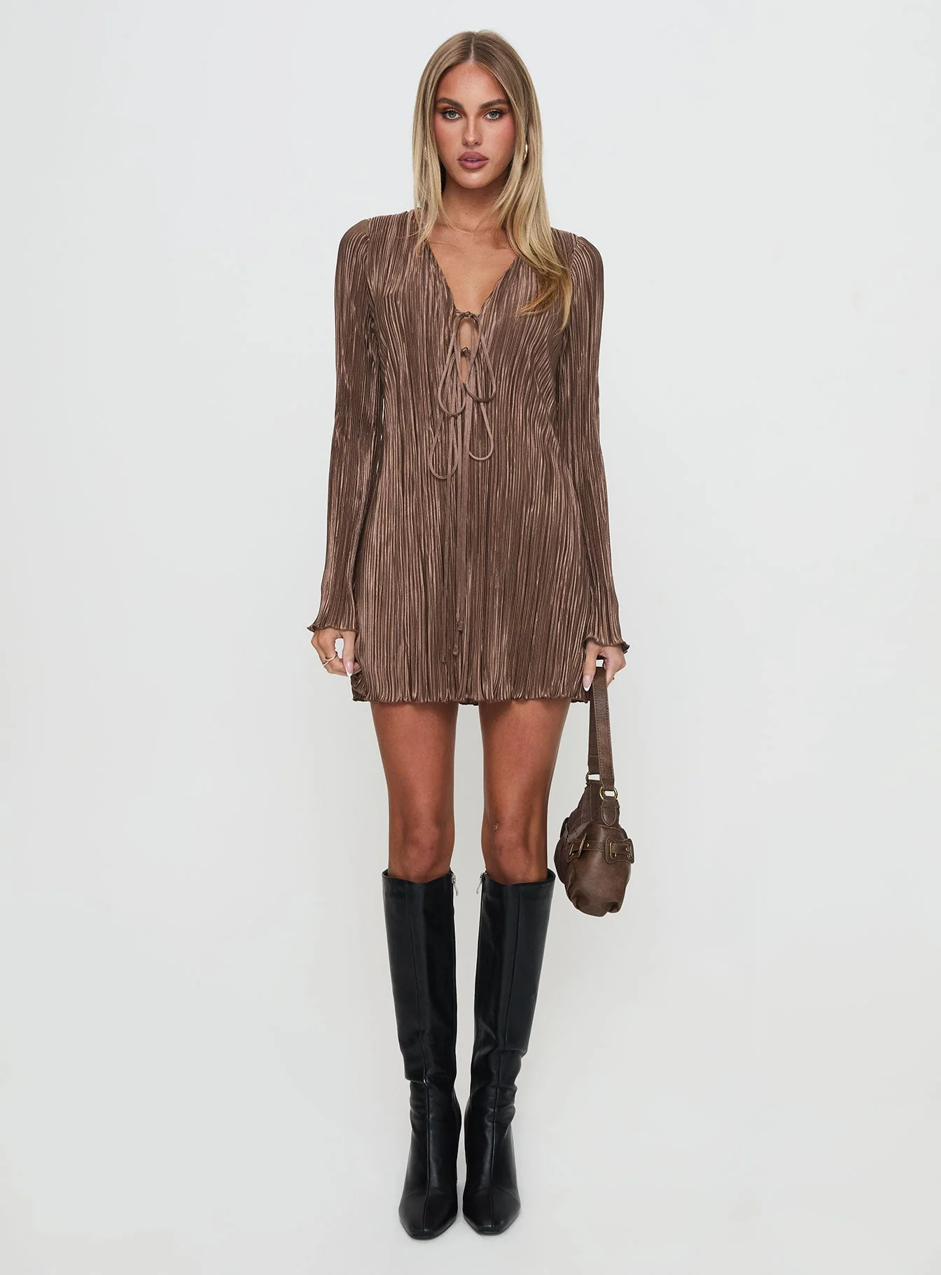 Malop Long Sleeve Mini Dress Chocolate - Image 7