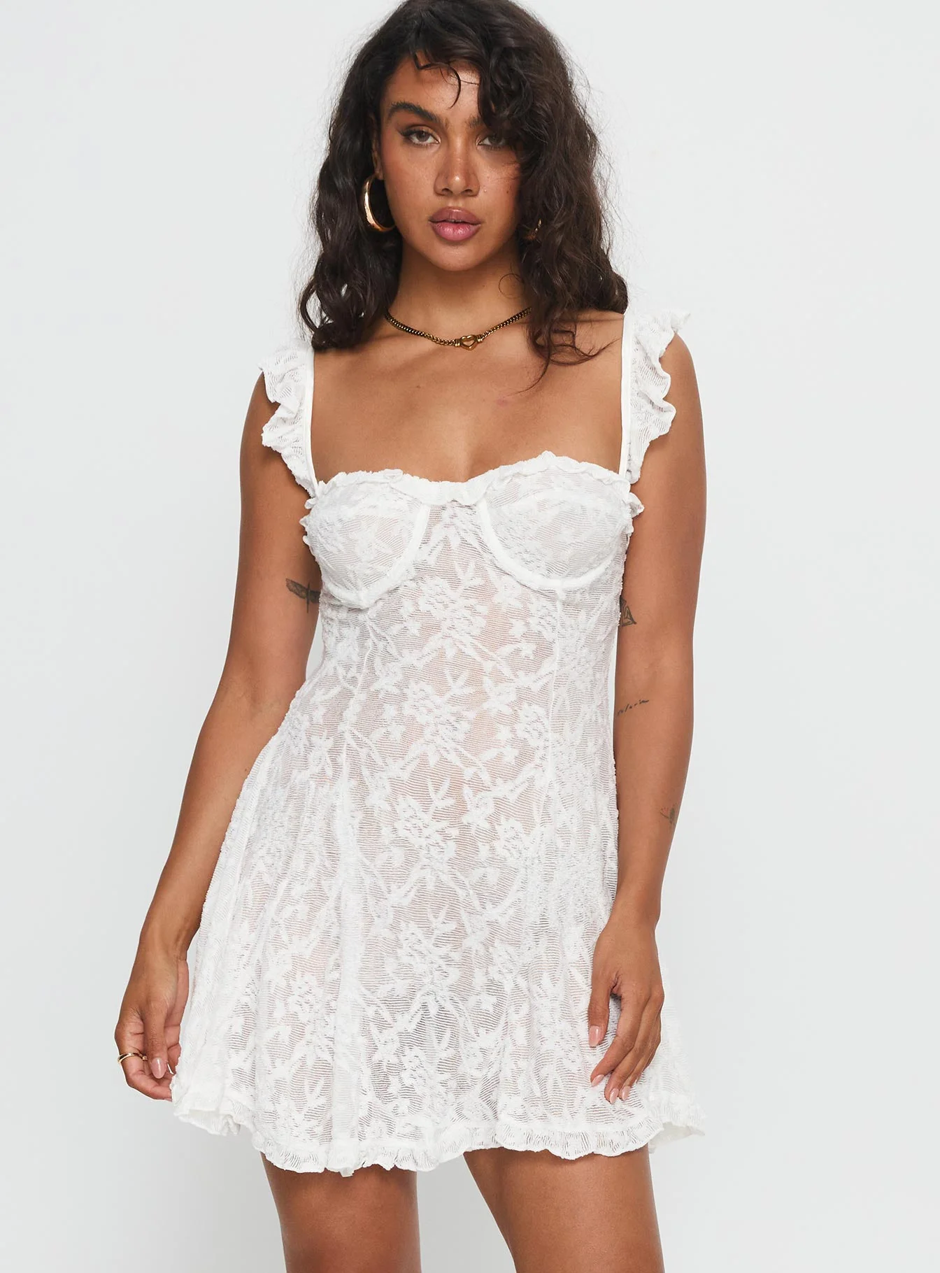 Mariea Lace Frill Mini Dress White - Image 2