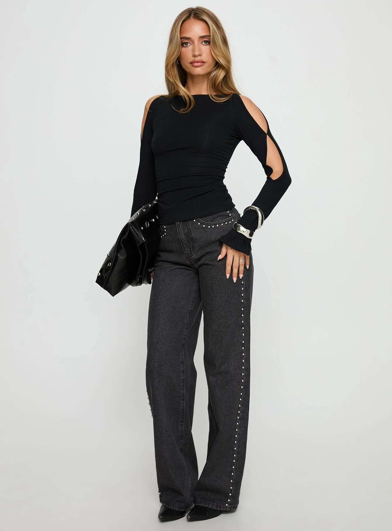 Mariko Side Split Long Sleeve Top Black - Image 2
