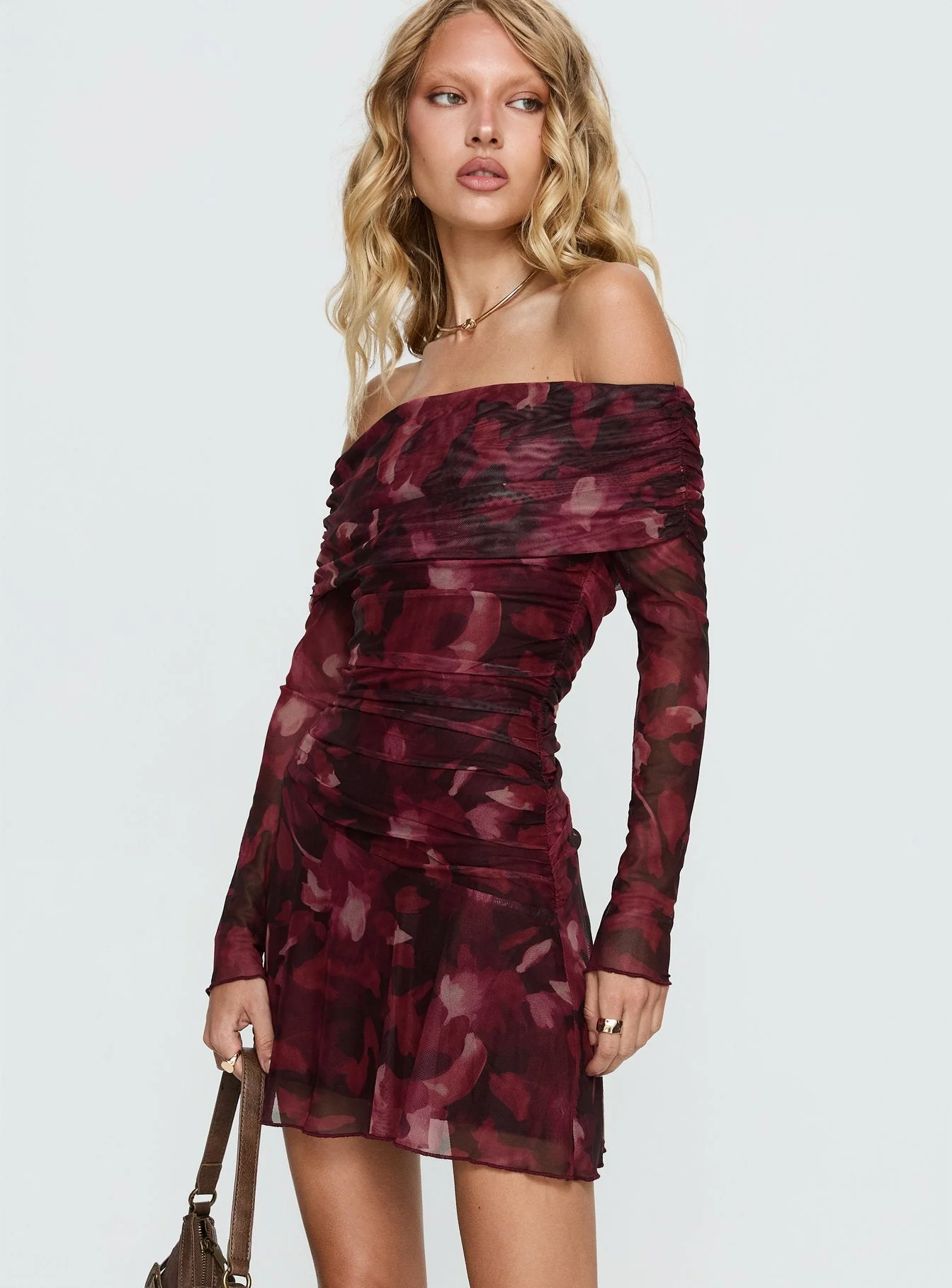 Marrissa Off Shoulder Long Sleeve Mini Dress Burgundy Floral - Image 3