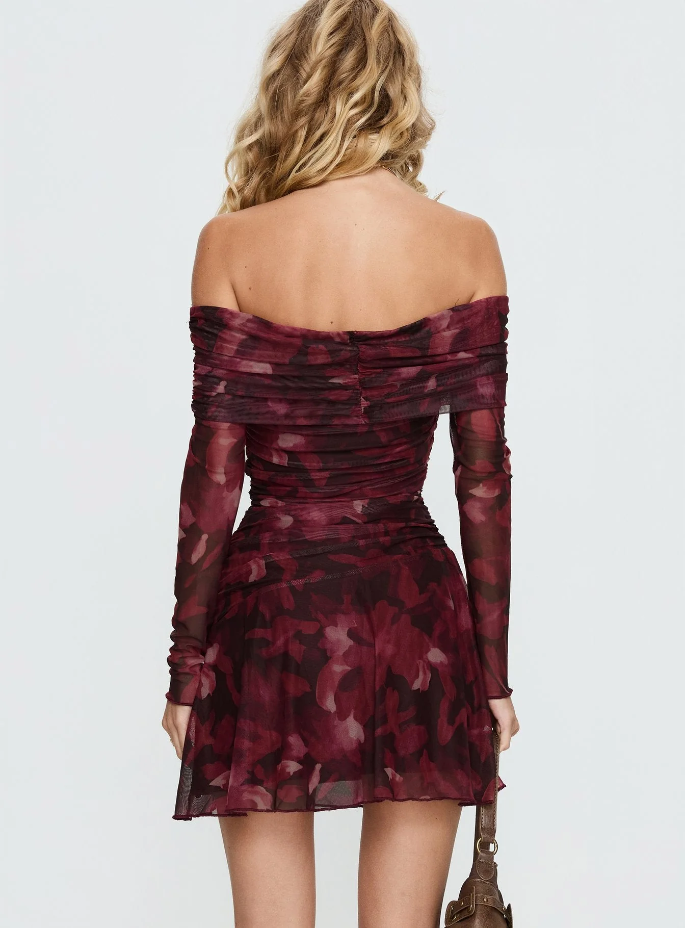 Marrissa Off Shoulder Long Sleeve Mini Dress Burgundy Floral - Image 4