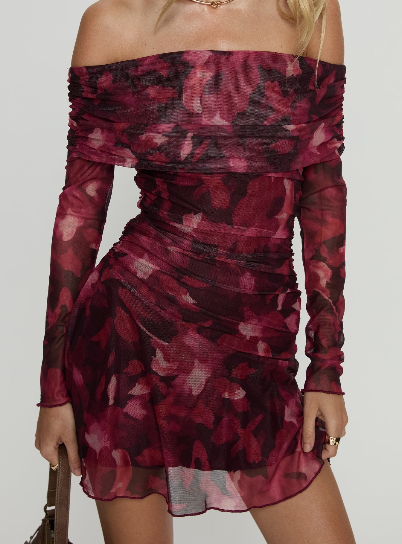 Marrissa Off Shoulder Long Sleeve Mini Dress Burgundy Floral - Image 5