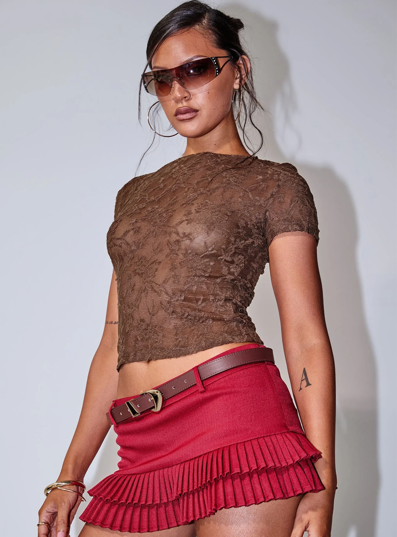 Martine Sheer Short Sleeve Top Brown - Image 4