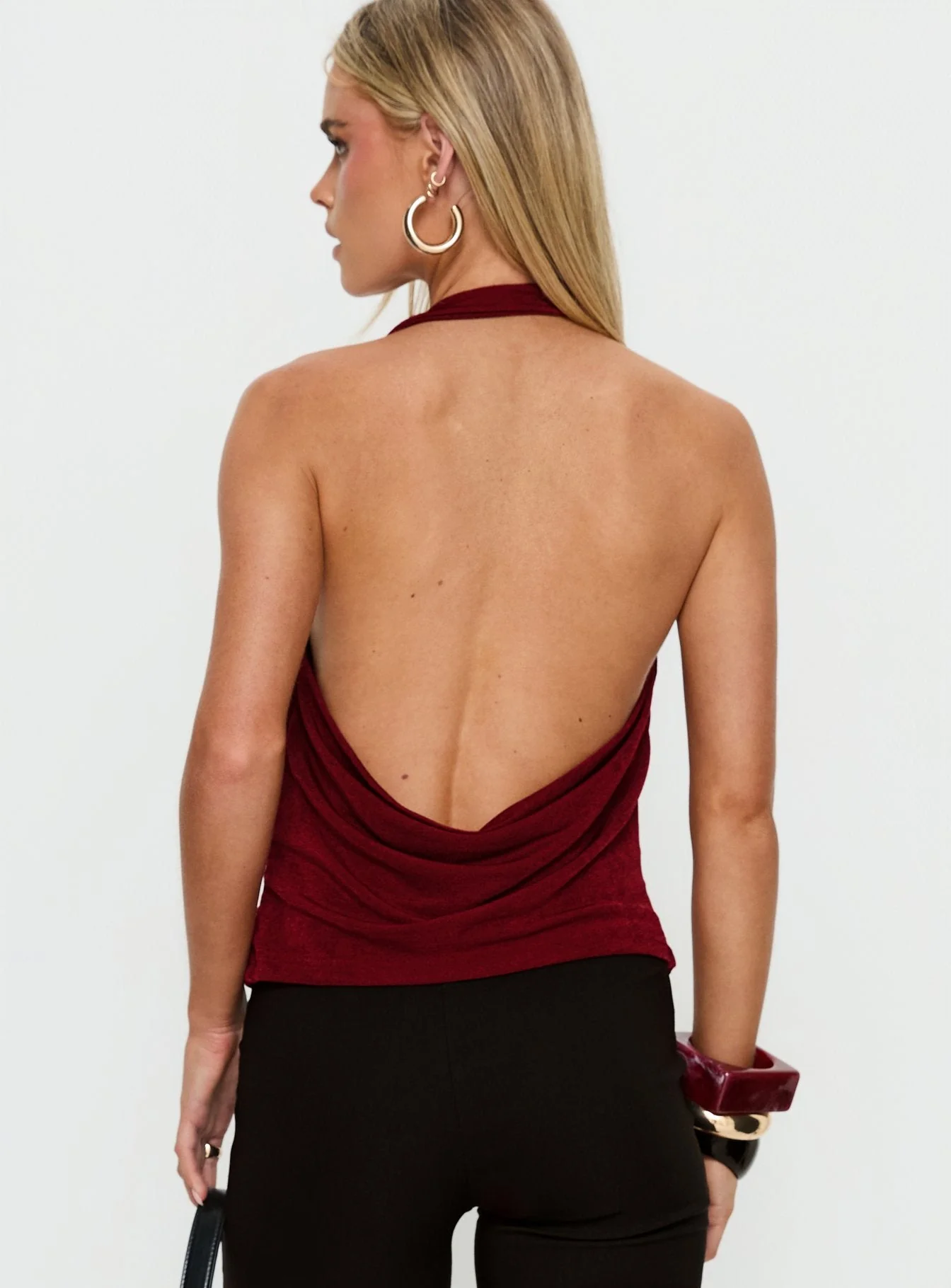 Marvelle Plunge Neck Hardware Detail Top Burgundy - Image 4