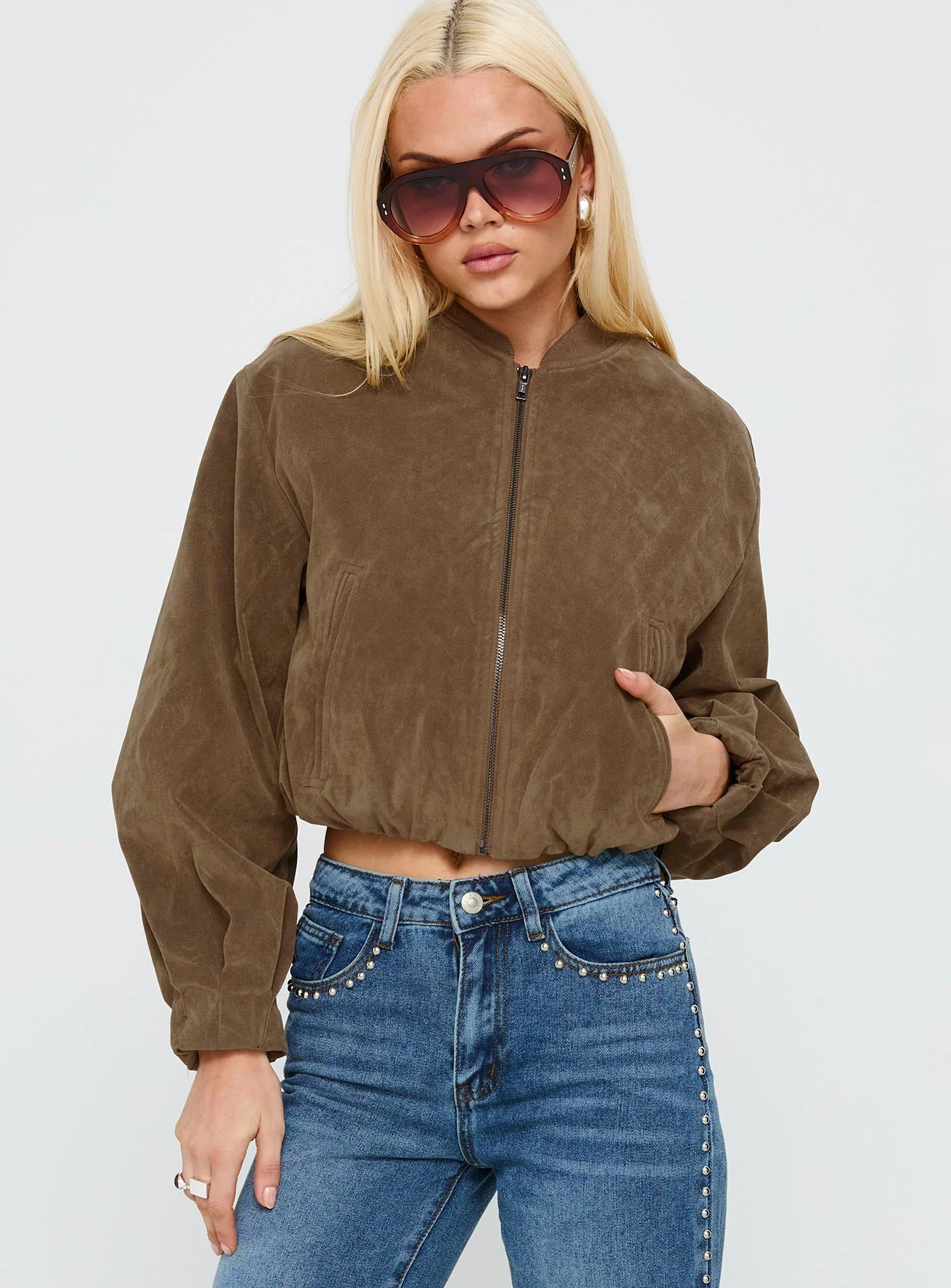 Mastery Faux Suede Bomber Jacket Brown - Image 2