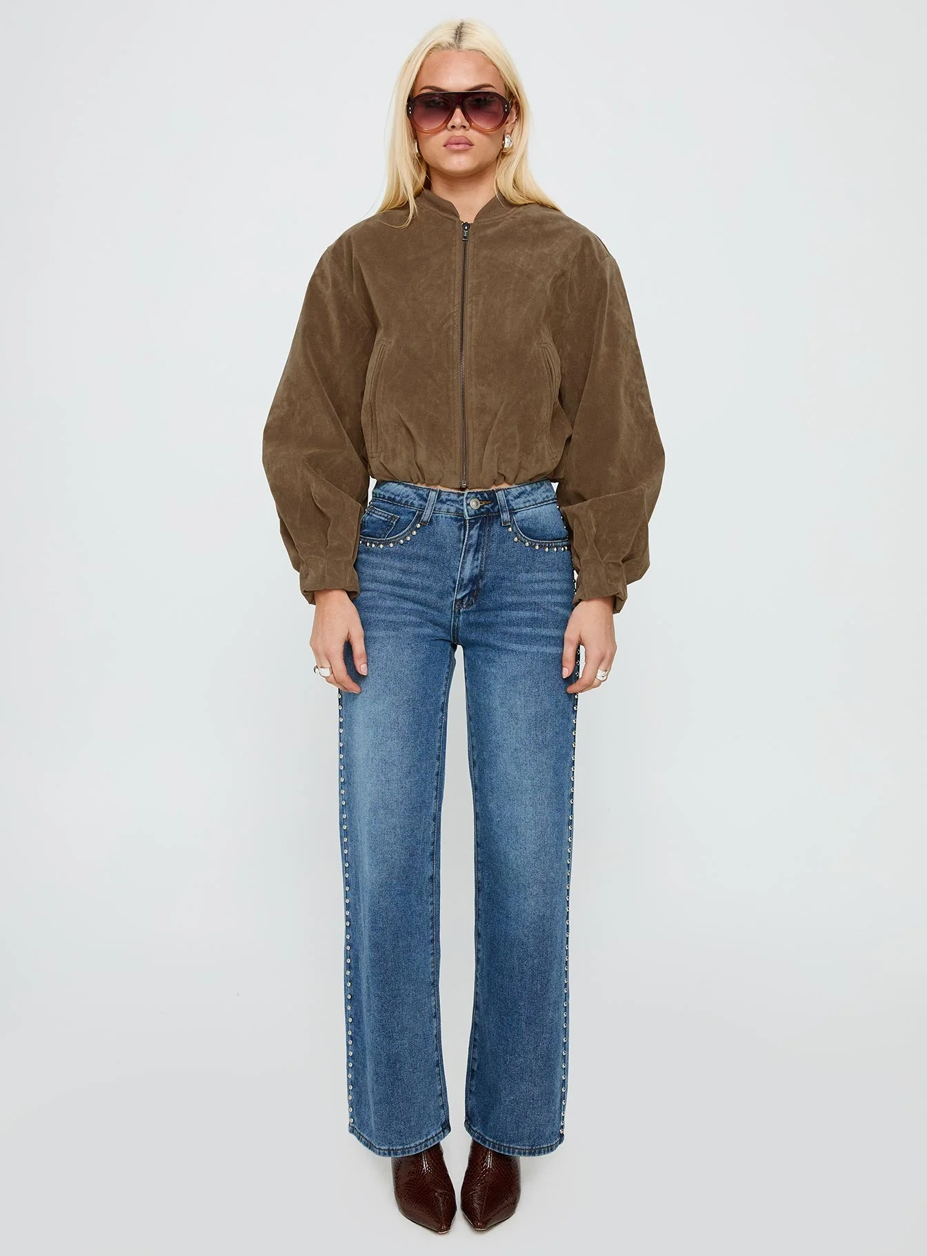 Mastery Faux Suede Bomber Jacket Brown - Image 7
