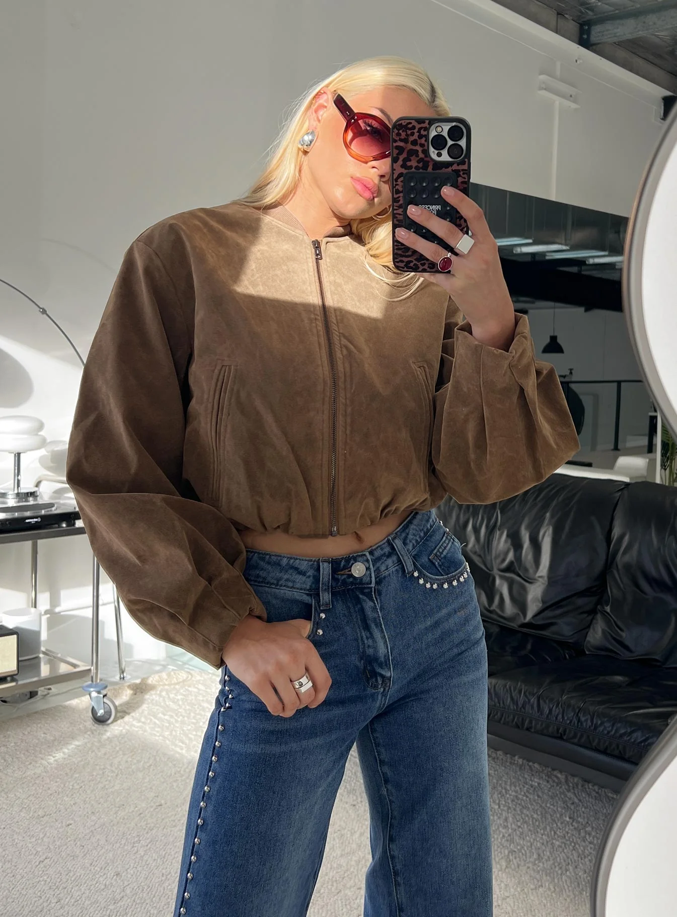 Mastery Faux Suede Bomber Jacket Brown - Image 8