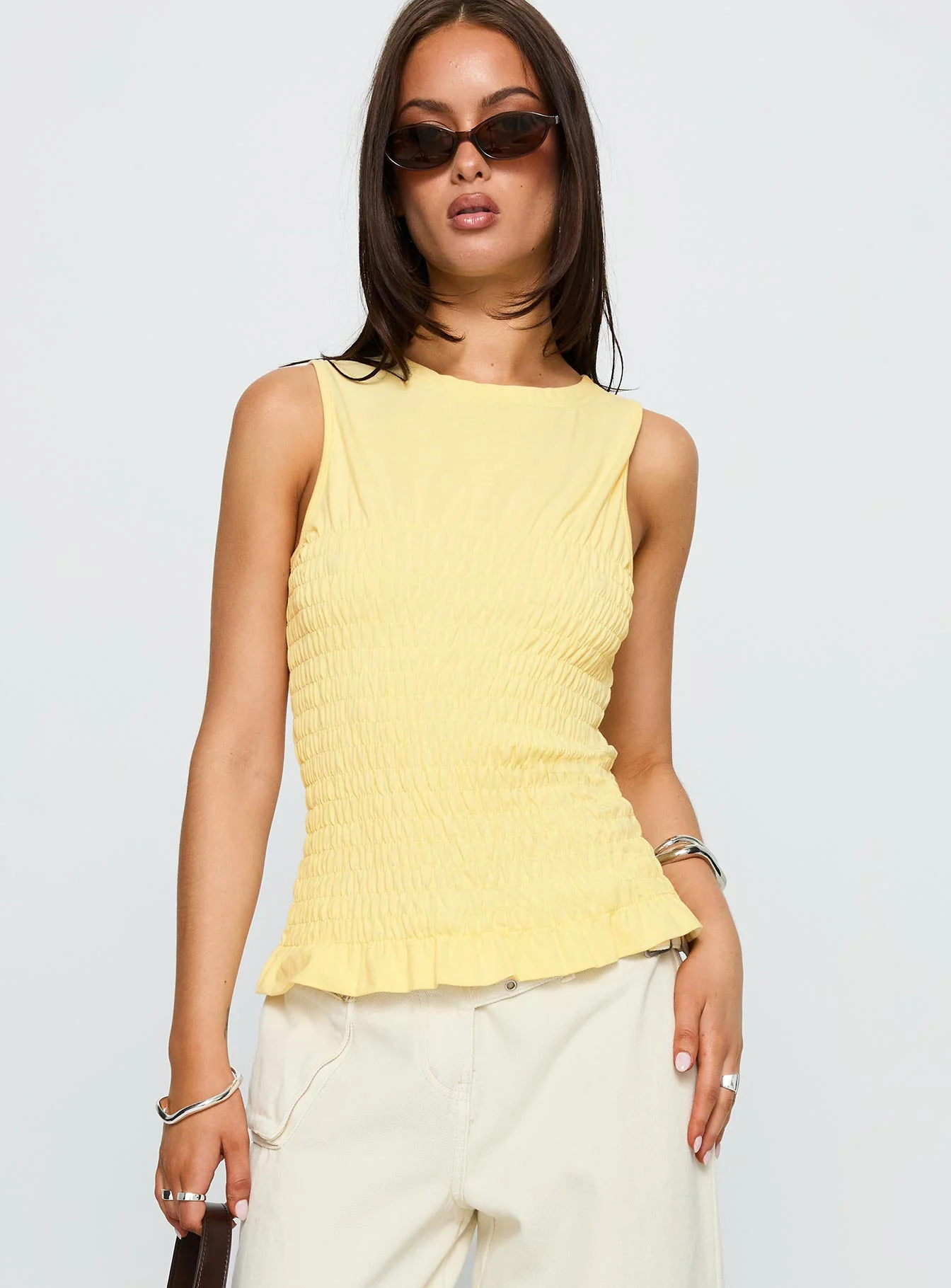 Maybe Tomorrow Ruched Sleeveless Top Lemon - Image 2