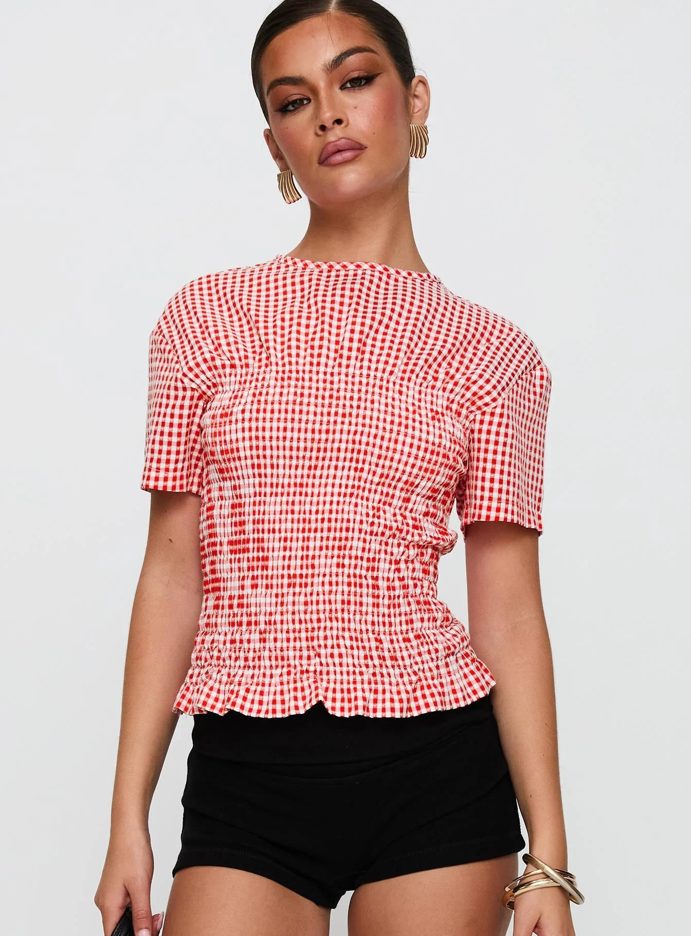 Maybe Tomorrow Ruched Top Red Check - Image 2