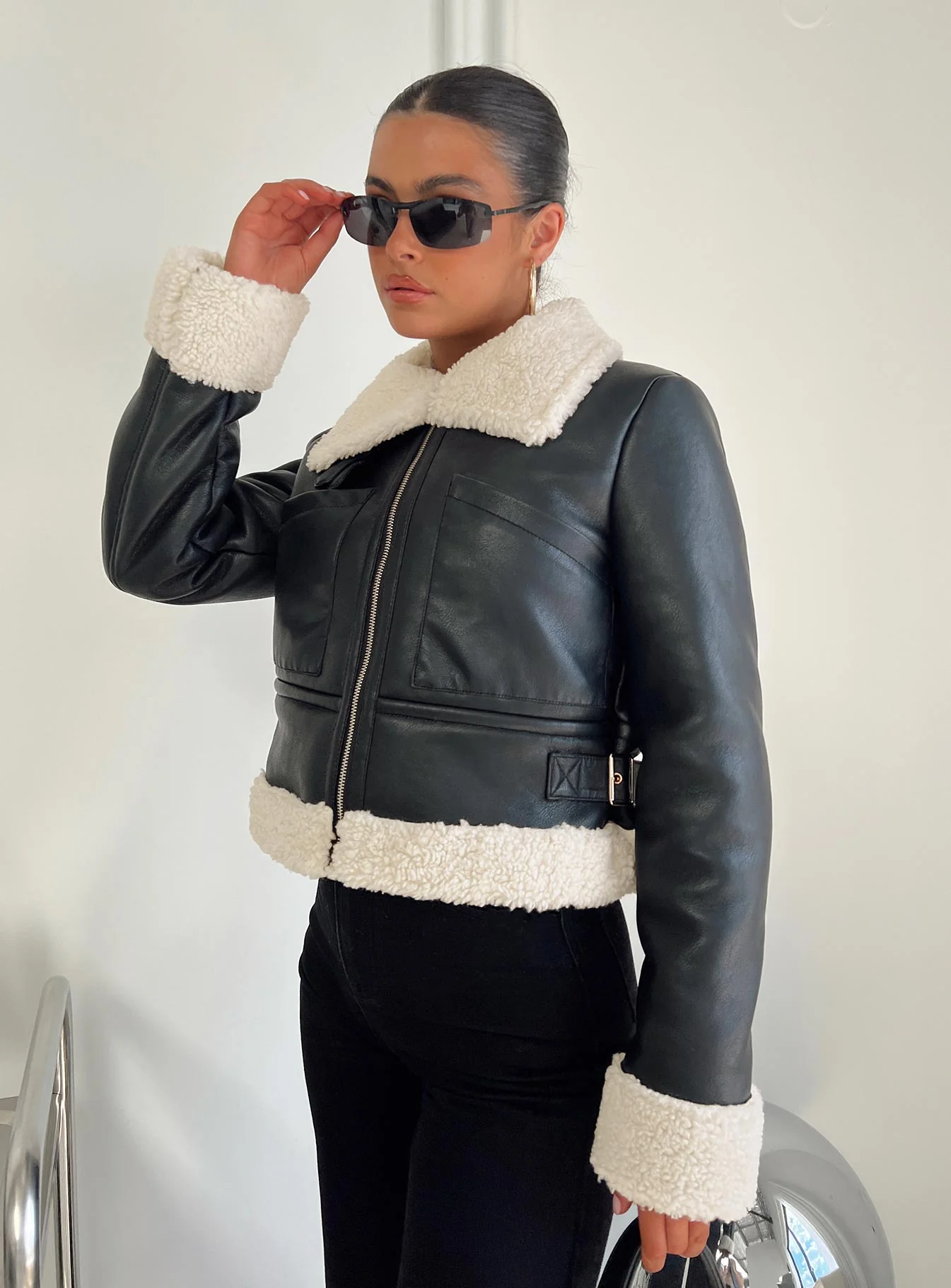 Mayella Shearling Faux Leather Jacket Black - Image 6