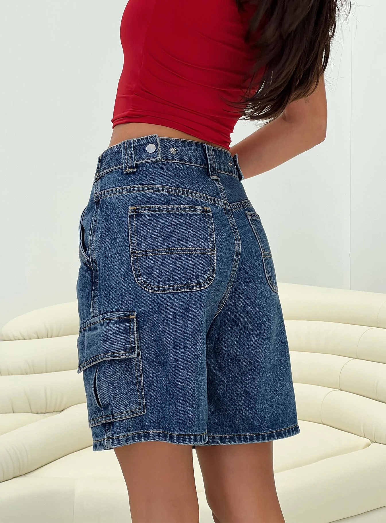 Mika Carpenter Denim Shorts Mid Wash - Image 8